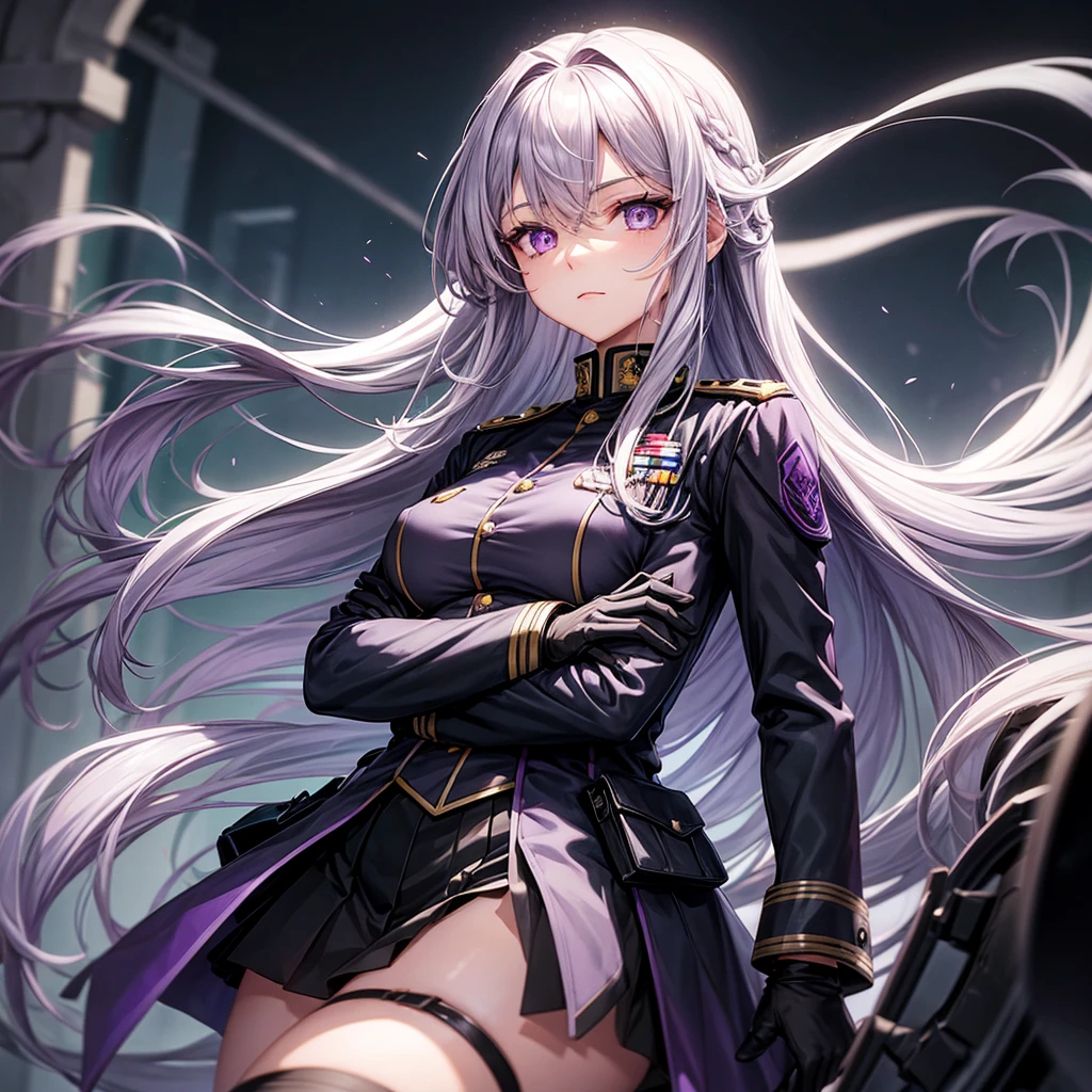 Beautiful woman, 1girl, long hair, grey purple hair, light purple eyes, military uniform, small breasts, black uniform, black skirt, black gloves, crossed arms