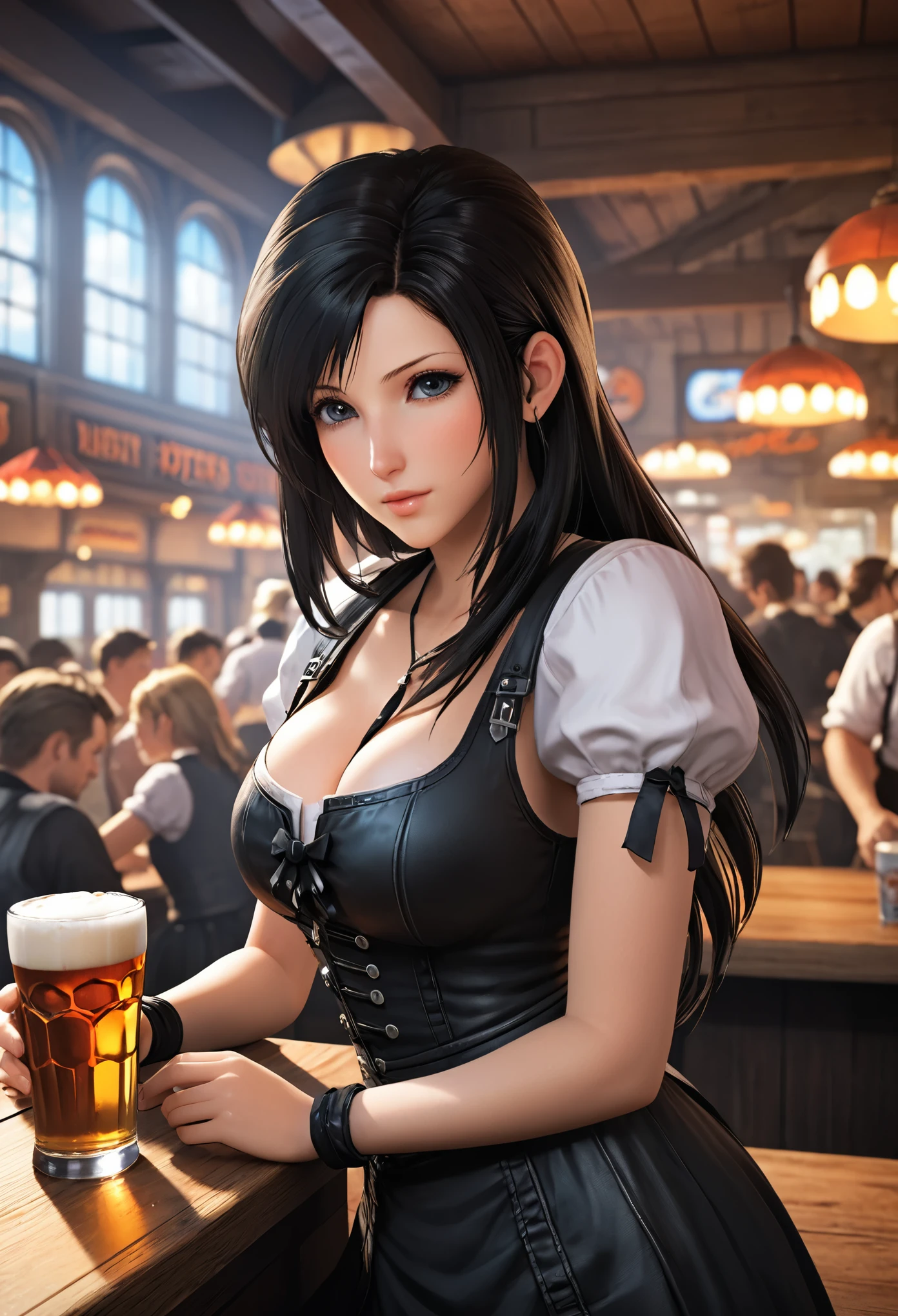 (final fantasy VII rebirth, Tifa Lockhart, One Girl, alone, Big swinging bust:1.3), complicated, elegant, Very detailed, Digital Painting, artステーション, コンセプトart, Smooth, Sharp focus, shape, artジャム、Greg Rutkowski、Alphonse Mucha、William Adolphe Bouguereau、art：Stephanie Law , nature, Full Shot, Symmetric, Greg Rutkowski, Charlie Bowwater, beep, Unreal 5, Surreal, Dynamic Lighting, ファンタジーart, (hooters, Oktoberfest, waitress:1.7),