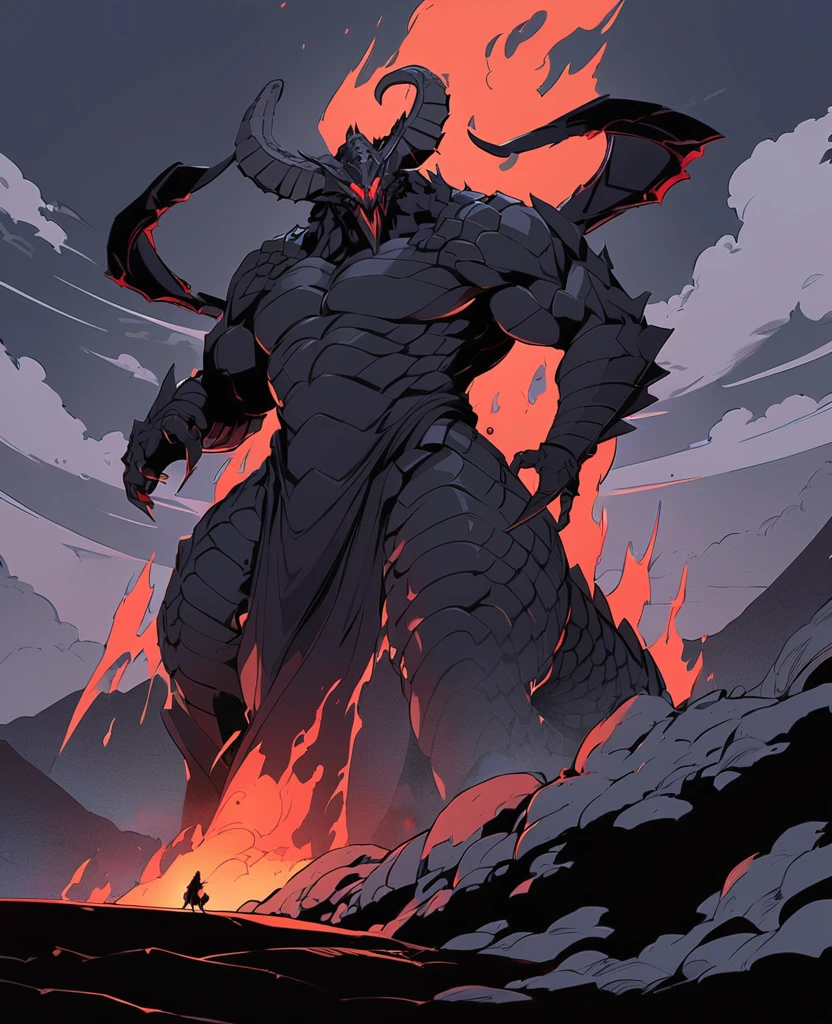 popartstyle,flat color,A terrifying gigantic creature from Greek mythology, named Typhon, standing in a dark, stormy landscape with lightning in the sky. It has a body as large as a mountain, with multiple snake legs, large wings, and it is breathing fire. The creature's skin is covered in scales, and it has glowing red eyes,