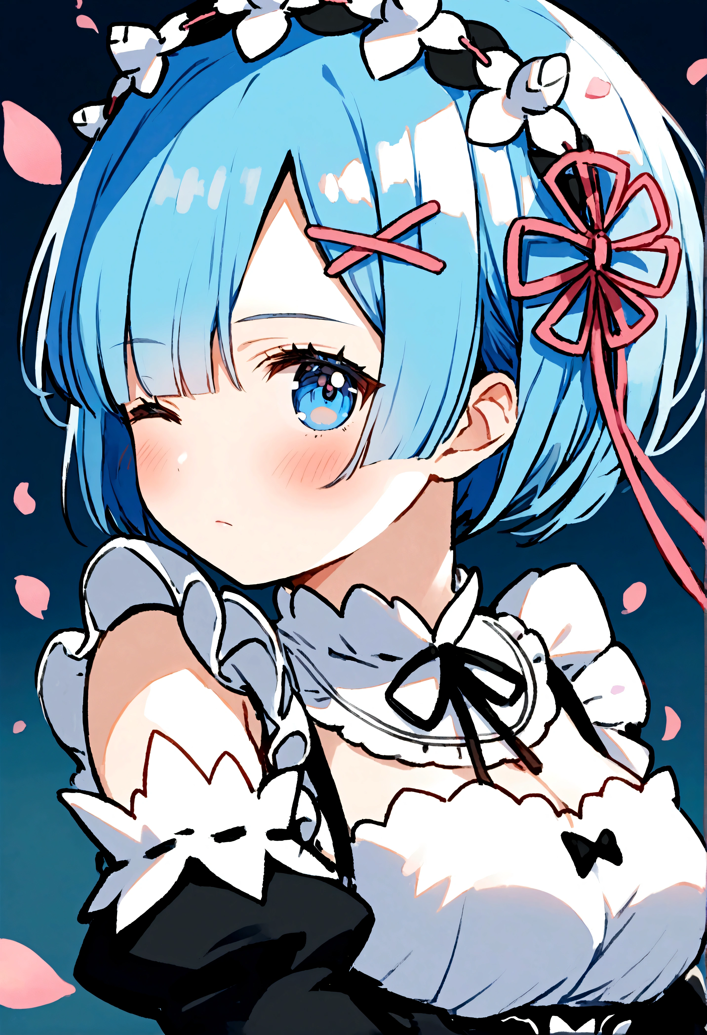 1girl, bangs, blue eyes, blue hair, blush, chibi, closed mouth, detached sleeves, dress, frilled sleeves, frills, hair ornament, hair ribbon, long sleeves, looking at viewer, maid, maid headdress, neck ribbon, one eye closed, petals, pink ribbon, rem \(re:zero\), ribbon, roswaal mansion maid uniform, short hair, solo, star \(symbol\), upper body, x hair ornament