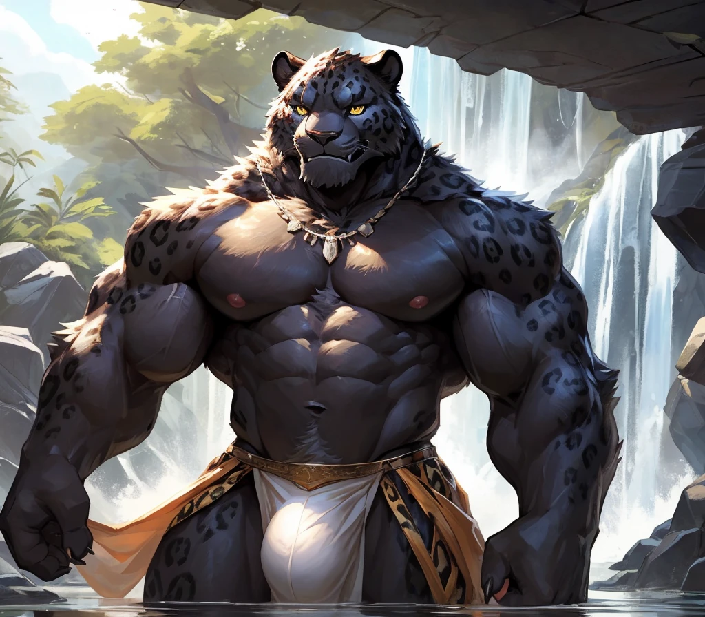 absurdres, ((best quality)), ((masterpiece)), (ultra detailed), perfect face,(sharp eyes),sharp focus, (by null-ghost, by lindong), (male anthro black panther):1.9, (black fur), ((black belly)), sharp eye,ultra-detailed eyes, Beautiful and delicate eyes, (golden eyes), ((fluffy fur, fluffy, furry body)),((long white loincloth), with yellow pattern):0.8, muscular male , (wearing random pattern necklace), smile, (huge bulge), reflection, sexy body, middle-age, strong, looking at view, (((sfw:1.5))), big fellow, (huge body, abs, strong muscle, 8 pack), shirtless, tougue out, claw, pink nipples, handsome, ((leopard fur pattern)), majestic, barbarous, Delicate canine teeth, official art, hairy, male, by the waterfall , full body view