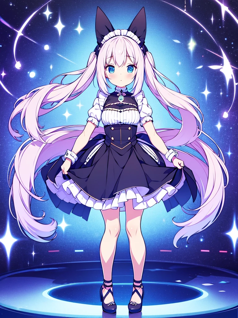 Vtuber Beautiful great quality 8k very detailed perfect anatomy a girl in a black and white dress standing on a blue floor, an anime drawing inspired by Puru, trend on pixiv, tachisme, Live2D Virtual Youtuber Model, anime moe art style, holoviva, mikudayo, magical girl style, my dress anime darling, maid outfit, I will deny the matter