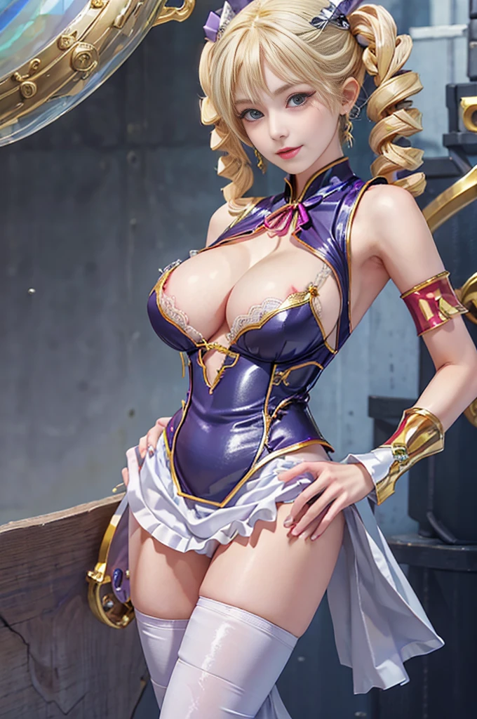 Highest quality Masterpiece 8K Super fine Beautiful Face 1girl Realistic Two Arms Five Fingers Two Legs ((Super Drill Twintails)) ((Platinum Blonde Hair)) Body Plump Shiny skin Slit eyes Thick makeup in Chinese style Narrow eyes Long eyelashes Cao Cao Warlene Awkward gaze An inappropriate smile Leather sleeveless outerwear Transparent white lace inner Purple hair ribbon decorated with a gold skull ((Super big breasts:1.65)) Are standing Looking at this Hands on hips Koihime Musou Ultra mini skirt