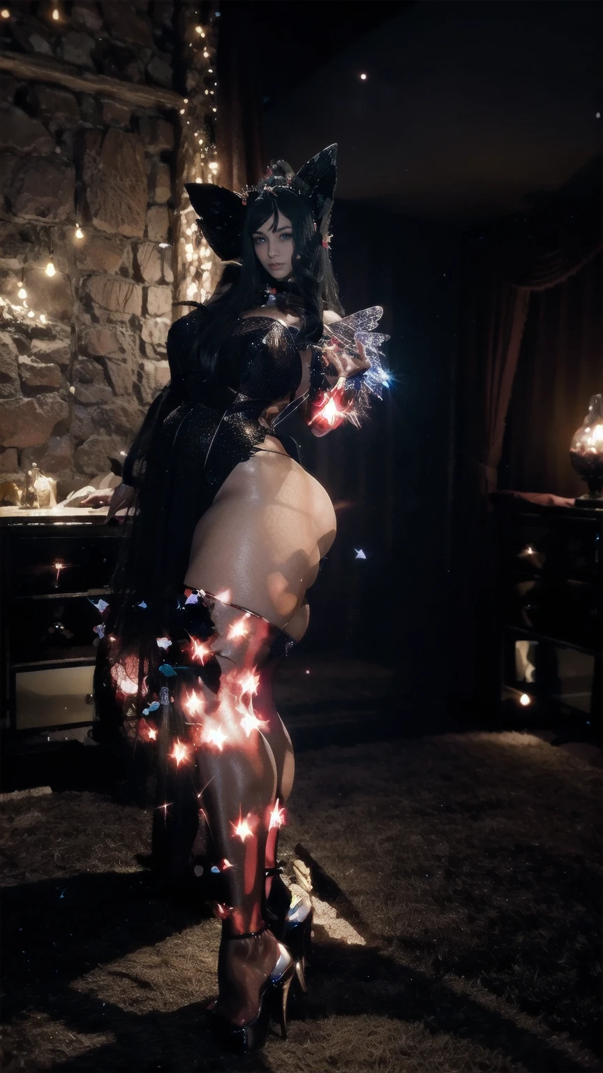 Close-up view of A big gorgeous real fairy in beautiful glowing red colour fairy frock smiling face tall thick body(hands on face)long black hair,full crystal magic heels (bedroom scenary) fireflies in the dark scenary