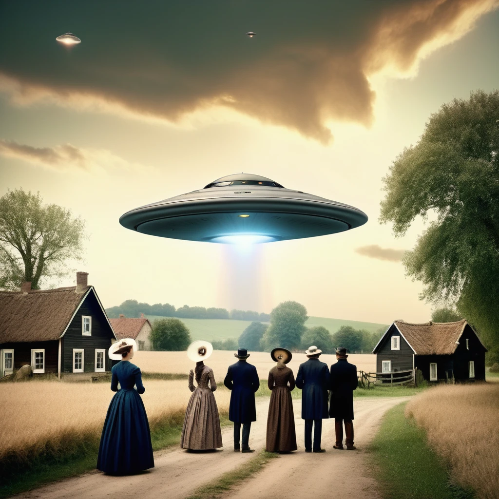 Generate an ultra-realistic old photograph from the 1800s era depicting a group of people witnessing a UFO crash in a rural countryside. The scene should capture the astonishment and curiosity of the onlookers, dressed in typical 19th-century attire—long dresses, suits, and hats. The setting should reflect a quaint, peaceful village with old-fashioned houses and cobblestone streets. Apply an authentic old photo filter to enhance the realism, including sepia tones, slight fading, and subtle grain. The UFO itself should appear otherworldly yet fitting for the era, with a classic saucer shape and mysterious lights illuminating the dusk sky. Emphasize the interaction between the people and the strange, technological object, conveying a blend of awe, fear, and wonderment. Ensure the landscape and details such as vegetation and architecture align with historical accuracy, evoking a genuine snapshot of 19th-century life interrupted by a futuristic event.