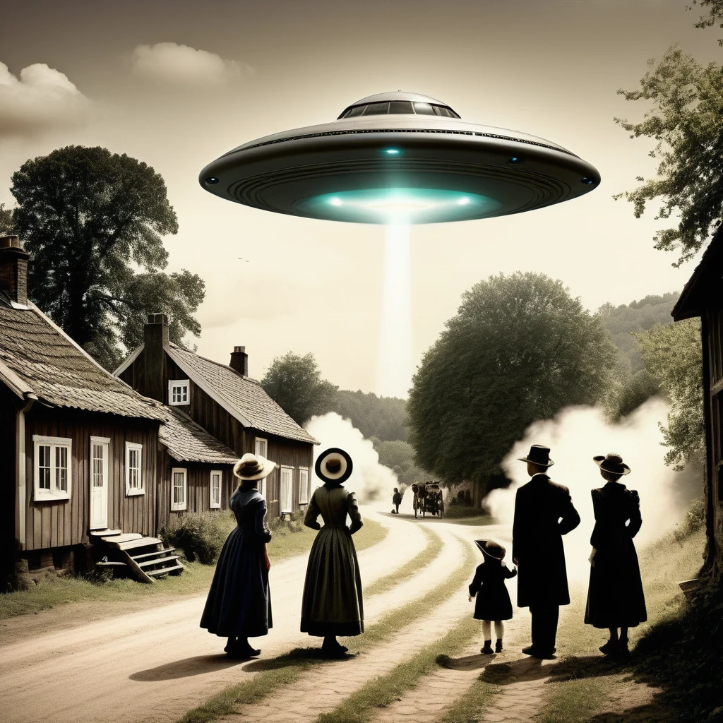 Generate an ultra-realistic old photograph from the 1800s era depicting a group of people witnessing a UFO crash in a rural countryside. The scene should capture the astonishment and curiosity of the onlookers, dressed in typical 19th-century attire—long dresses, suits, and hats. The setting should reflect a quaint, peaceful village with old-fashioned houses and cobblestone streets. Apply an authentic old photo filter to enhance the realism, including sepia tones, slight fading, and subtle grain. The UFO itself should appear otherworldly yet fitting for the era, with a classic saucer shape and mysterious lights illuminating the dusk sky. Emphasize the interaction between the people and the strange, technological object, conveying a blend of awe, fear, and wonderment. Ensure the landscape and details such as vegetation and architecture align with historical accuracy, evoking a genuine snapshot of 19th-century life interrupted by a futuristic event.