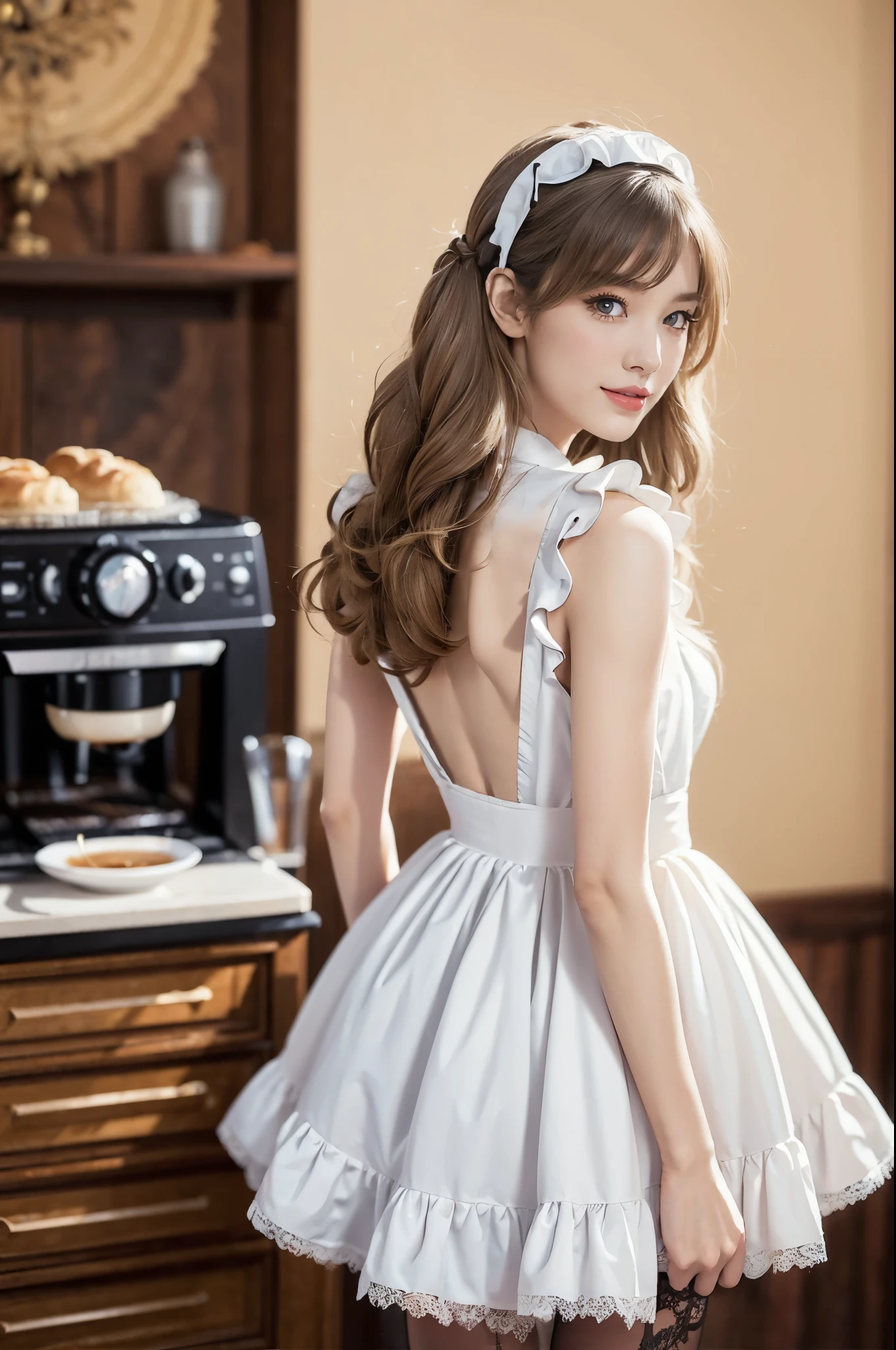 (((best quality))),(((ultra detailed))),(((masterpiece))),illustration,1girl,maid cafe,stunningly beautiful,slim,medium straight bob hair,bare back,towering hips,butt crack,deep captivating eyes,maid costume,see through lace apron,short hemline,bare arms,arms behind back,thighs,slender legs,pantyhose,graceful movements,confident charm,warm genuine smile,France cafe,delicious coffee pastries,warm inviting atmosphere,joyful eyes,Coffee Machine,upper body,from back