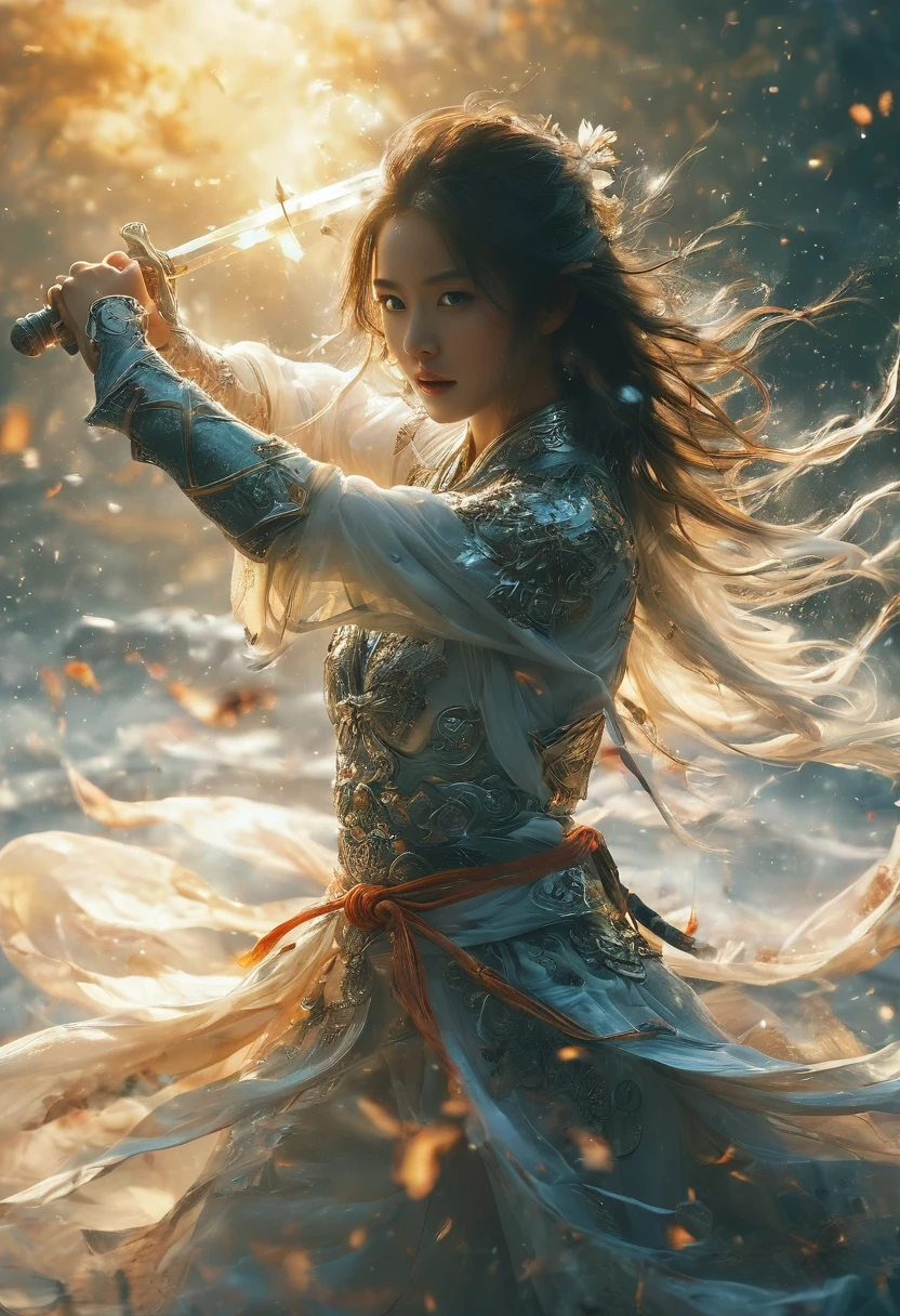 wallpaper，32k,Topless photos of female swordsman，Atomic Correct,Raw, Lenses, (Be focused:1.5), (Reality:1.4), Dusk lighting, Volumetric Lighting, Ultra-high resolution, 16K,Dramatic Lighting, White background：1.5），Glowing sword,(Fighting Stance),The right hand，Hold the hilt of the sword，1 Sword，solitary，（Tangled，Mandala，dispute，Entanglement：0.7） , Depth of Field, Dreamy atmosphere, The most beautiful form of chaos, grace, Dark theme of Fauvist design, Flower of Death, Flowers of ecstasy，Glowing Line,Glow Example，Tracking Example，flash， Backlight，translucent，Light Particles，Xian Xia，Xianxia