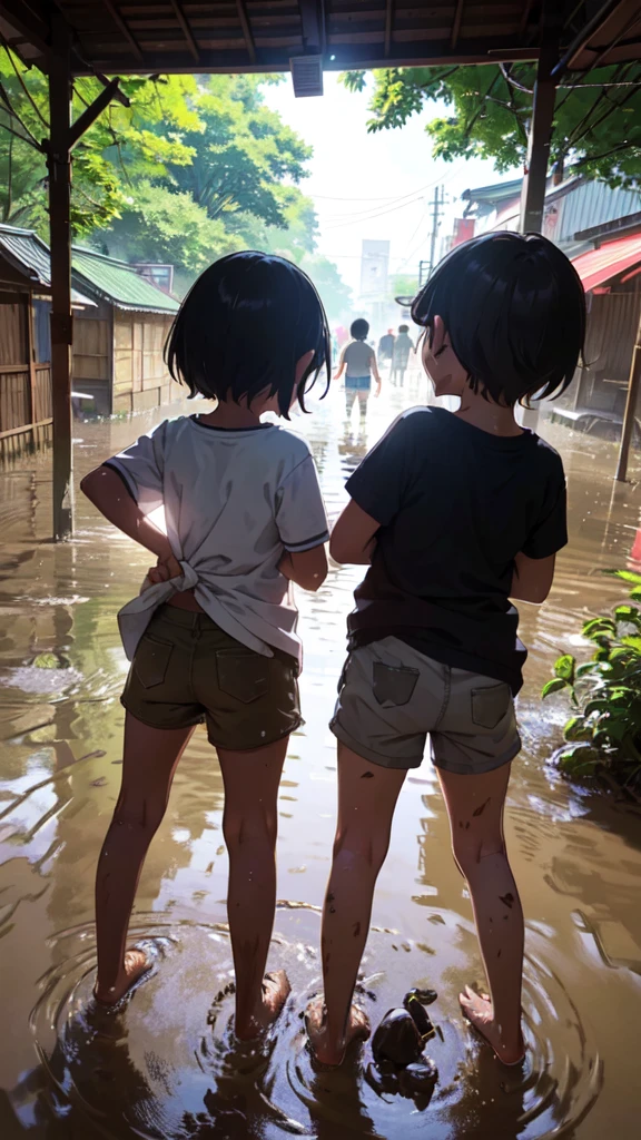 Children playing in the mud, happy expressions, muddy buttocks, mysterious, Tokyo in summer