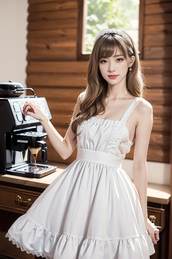 (((best quality))),(((ultra detailed))),(((masterpiece))),illustration,1girl,maid cafe,stunningly beautiful,slim,medium straight bob hair,flat chest,navel,deep captivating eyes,maid costume,see through lace apron,short hemline,bare arms,arms behind back,thighs,slender legs,pantyhose,graceful movements,confident charm,warm genuine smile,France cafe,delicious coffee pastries,warm inviting atmosphere,joyful eyes,Coffee Machine,upper body
