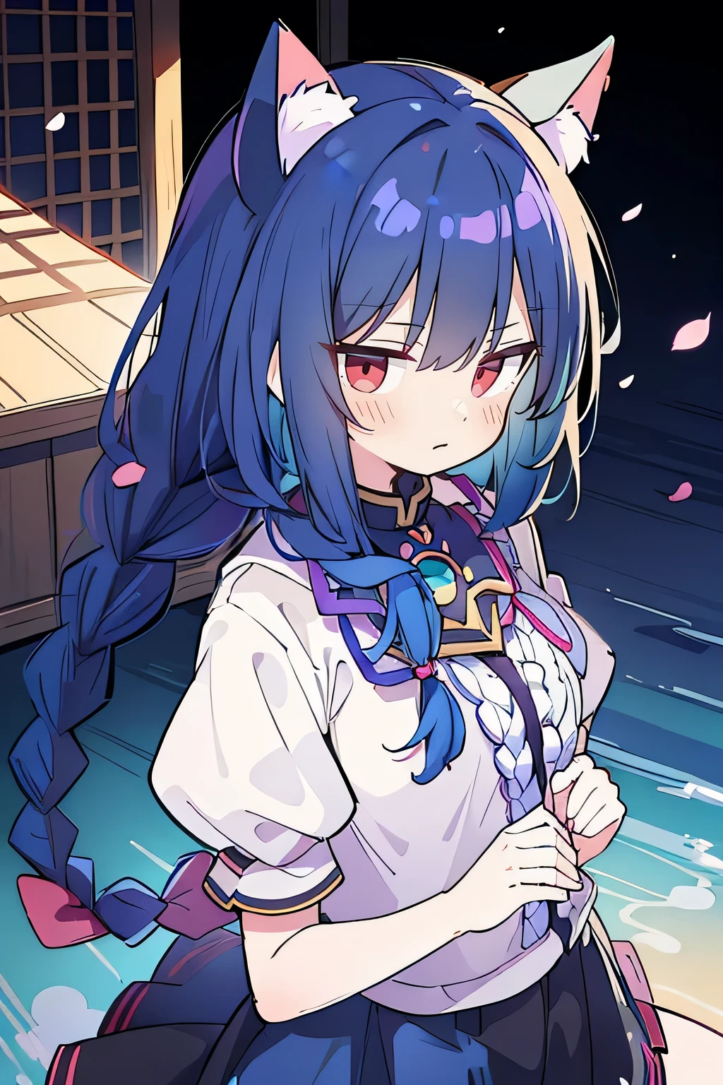 (masterpiece:1.2),Super detailed,lifelike,Expressive eyes,fair skin,perfect face shape,1 girl,
Japanese comics,Gorgeous blue hair,flowing blue hair,flowing clothes,Cat ears,Petals fall,beautiful lola,Baby Angel,
Shaking head with one hand,Cross your legs,Gentle and peaceful background,The pavilion is cool and comfortable,smile, wearing hoodie, background of tokyo,back views,snowing, winter,lie on the water.(Best Quality: 1.3), (Masterpiece: 1.3), (Illustration: 1.3), (Ultra Detailed: 1.3), (Imide Lens: 0.9), 1girl, Medium Breasts, Purple Eyes, ((Dark Blue Hair) ), hair accessories, young, clothing-gladiia, long hair, dark blue hair, indoors, black shorts, high socks, low ponytail, expressionless, upper body, close-up, coat, skirt,fgo style,like \(destiny\), like Adult, hair length, underwear, masterpiece, Top quality, 1 Girl, looking at the audience,(((braid)))、shameful face、Embarrassed face、Long body、huge 、