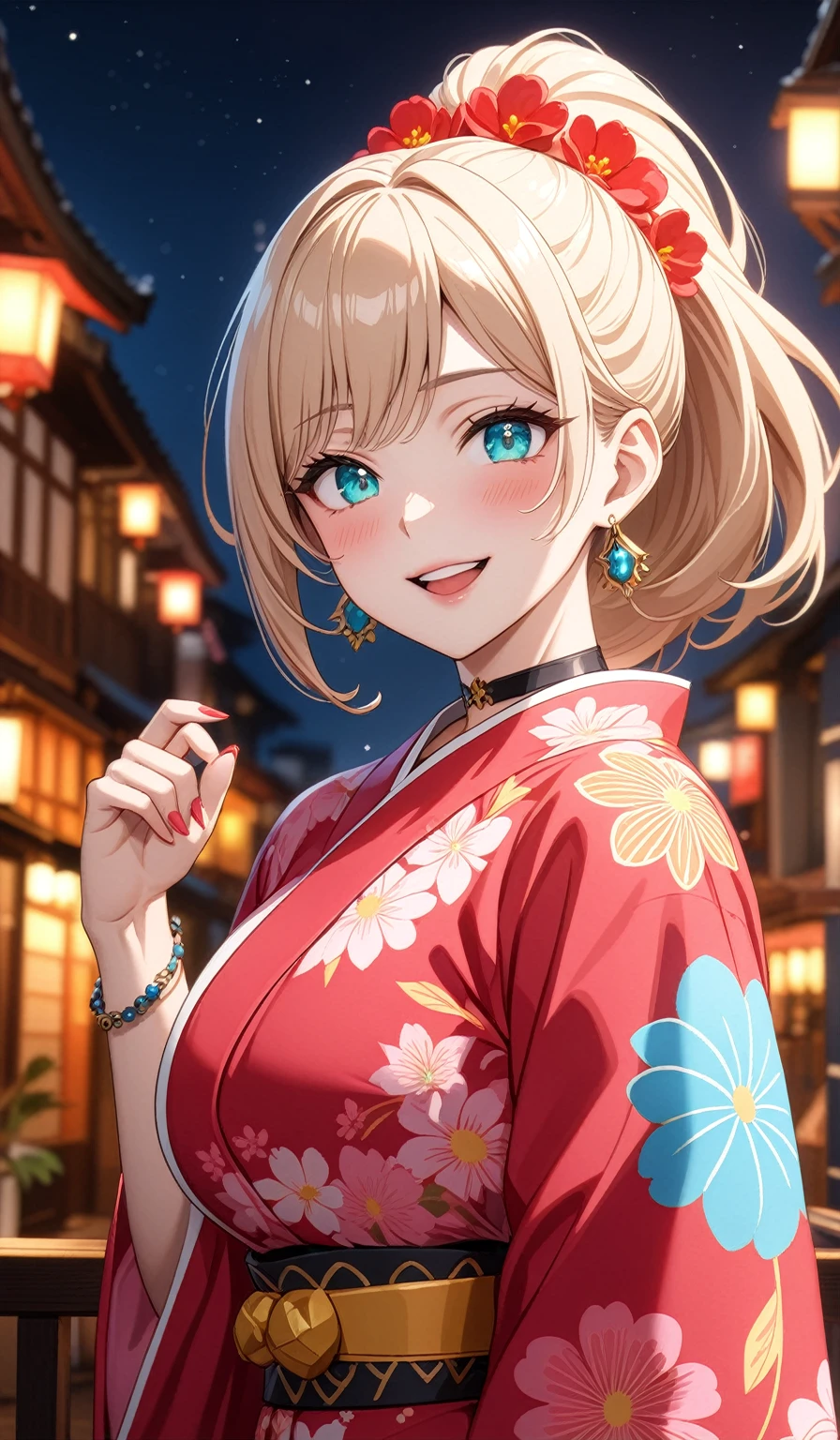 ((One personの女性)), Beautiful Face, (((looking side:2.5)),Laughing embarrassedly,((Wink:1.7)),Laugh with your mouth wide open((Bright red cheeks:1.4)),Glossy pink lips,night,rooftop,Festive decorations,You can see the ocean, firework,Laughing with your mouth open,Glossy pink lips,Lighting on the face,((Anime style background)),masterpiece, Highest quality, so beautiful,Latest, Complex details, (Pink long nails),(ring),(bracelet),(choker),AI-generated, Complex,High resolution, Highest quality, super high quality,3D Images、3D Images,One person,Long blonde hair,High Ponytail,((Turquoise Eyes)),Anime woman posing for a photo, ((Fine grain、Colorful Eyes、Shining Eyes:1.3)),(Squint your eyes:1.1),a hyperRealistic , hyperRealistic , Realistic,Anime woman with long and white hair, Smooth anime CG art, A woman in a colorful kimono with gold embroidery, (Pink long sleeve kimono),Red floral pattern,Long flower hair ornament,big floral earrings,Mature Body,(Big Breasts:1.1),Tall,Abdominal muscles,Narrow waist,(Zoom in on face:1.6),Shooting from below at an angle