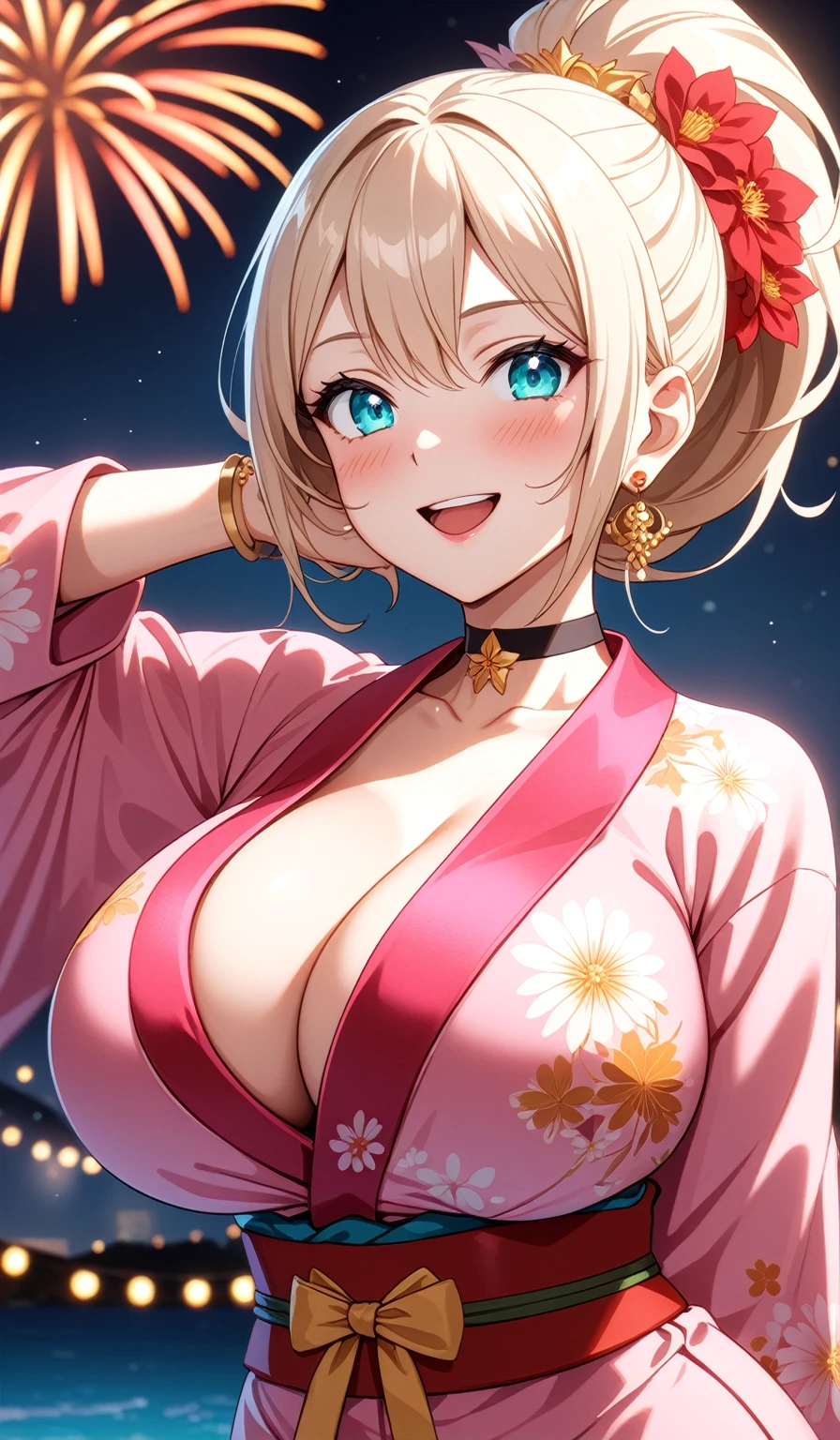 ((One personの女性)), Beautiful Face, (((looking side:2.5)),Laughing embarrassedly,((Wink:1.7)),Laugh with your mouth wide open((Bright red cheeks:1.4)),Glossy pink lips,night,rooftop,Festive decorations,You can see the ocean, firework,Laughing with your mouth open,Glossy pink lips,Lighting on the face,((Anime style background)),masterpiece, Highest quality, so beautiful,Latest, Complex details, (Pink long nails),(ring),(bracelet),(choker),AI-generated, Complex,High resolution, Highest quality, super high quality,3D Images、3D Images,One person,Long blonde hair,High Ponytail,((Turquoise Eyes)),Anime woman posing for a photo, ((Fine grain、Colorful Eyes、Shining Eyes:1.3)),(Squint your eyes:1.1),a hyperRealistic , hyperRealistic , Realistic,Anime woman with long and white hair, Smooth anime CG art, A woman in a colorful kimono with gold embroidery, (Pink long sleeve kimono),Red floral pattern,Long flower hair ornament,big floral earrings,Mature Body,(Big Breasts:1.1),Tall,Abdominal muscles,Narrow waist,(Zoom in on face:1.6),Shooting from below at an angle