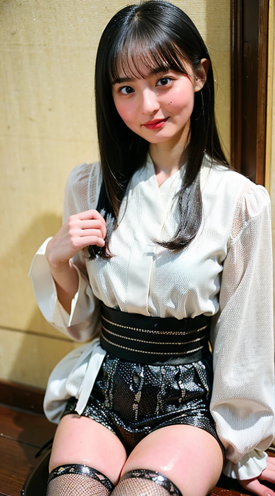 masterpiece, highest quality, 4K, Ultra-high resolution, mishoujo, Painting, Beautiful eyes and fine face, figure, Beautiful details, high resolution figure, Shine_white_particle, One girl, Small breasts、Large Breasts、High 、Japanese、Japanese Idols、A kind smile、Fishnet tights