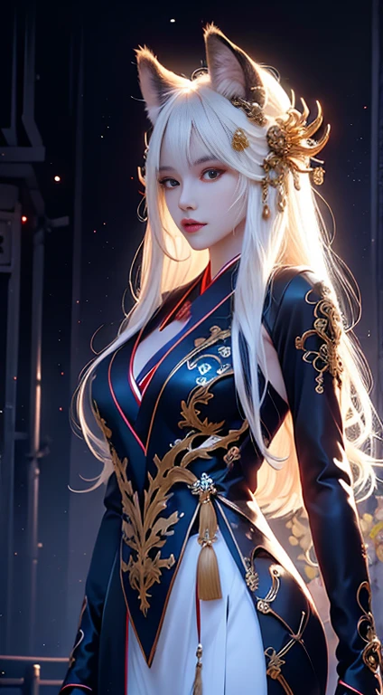 nine tailed fox, Beautiful fox monster, Nine Tails, Traditional Japanese clothing, Night Forest, Shining in the moonlight, Mysterious and elegant pose, Flowing white fur, Eyes that emit blue light