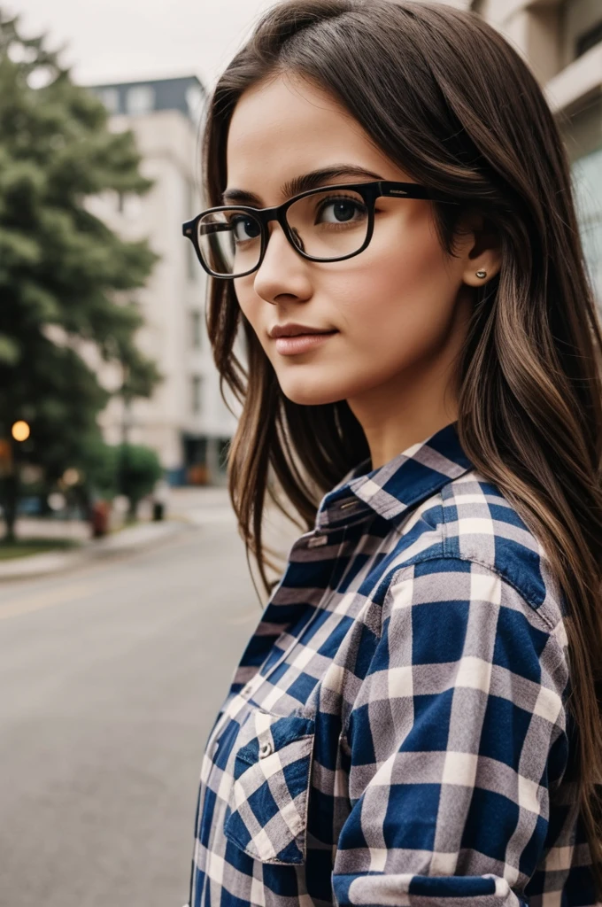 A girl with glasses and a plaid shirt