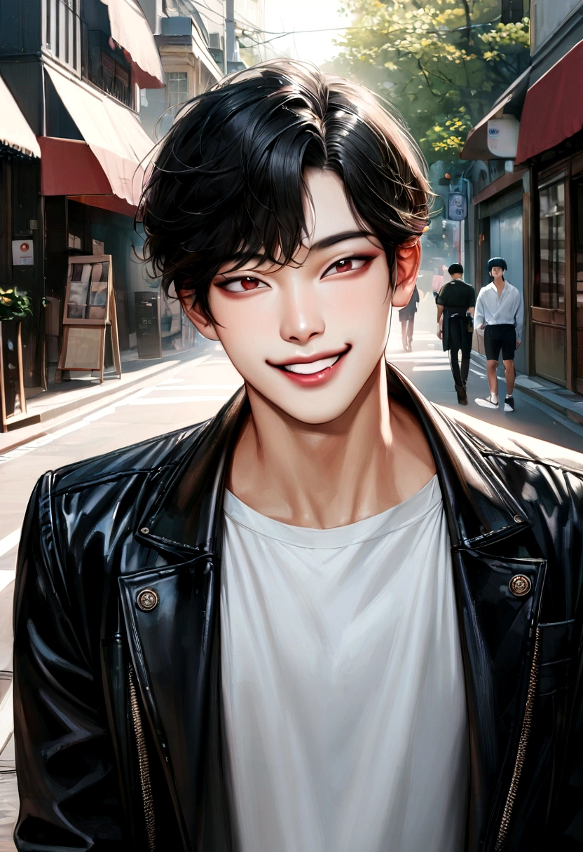 Asian male pretty face, korean, bts v face, perfect face, high-quality, hyper realistic, looking at the camera, smiling, wearing a white shirt walking on the street smiling
