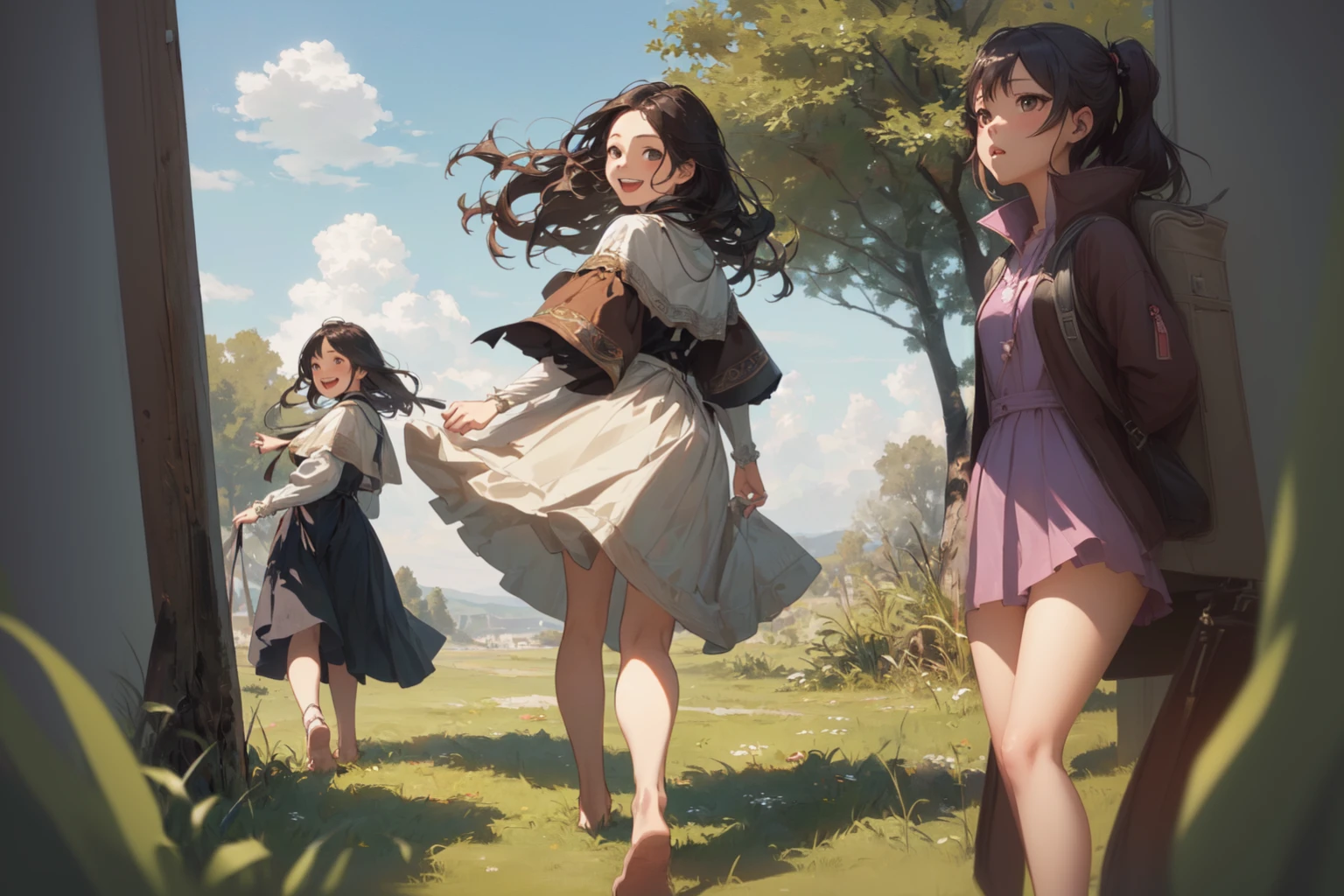 Anime girl in a dress running with a backpack and a girl in a dress, Artjam and Athi Gairan, Gwaiz on pixiv artstation, Gwaiz on artstation pixiv, artwork in the style of Gwaiz, Gwaiz, Krentz Kuschaert and Wenjun Lin, Gwaiz and makoto shinkai