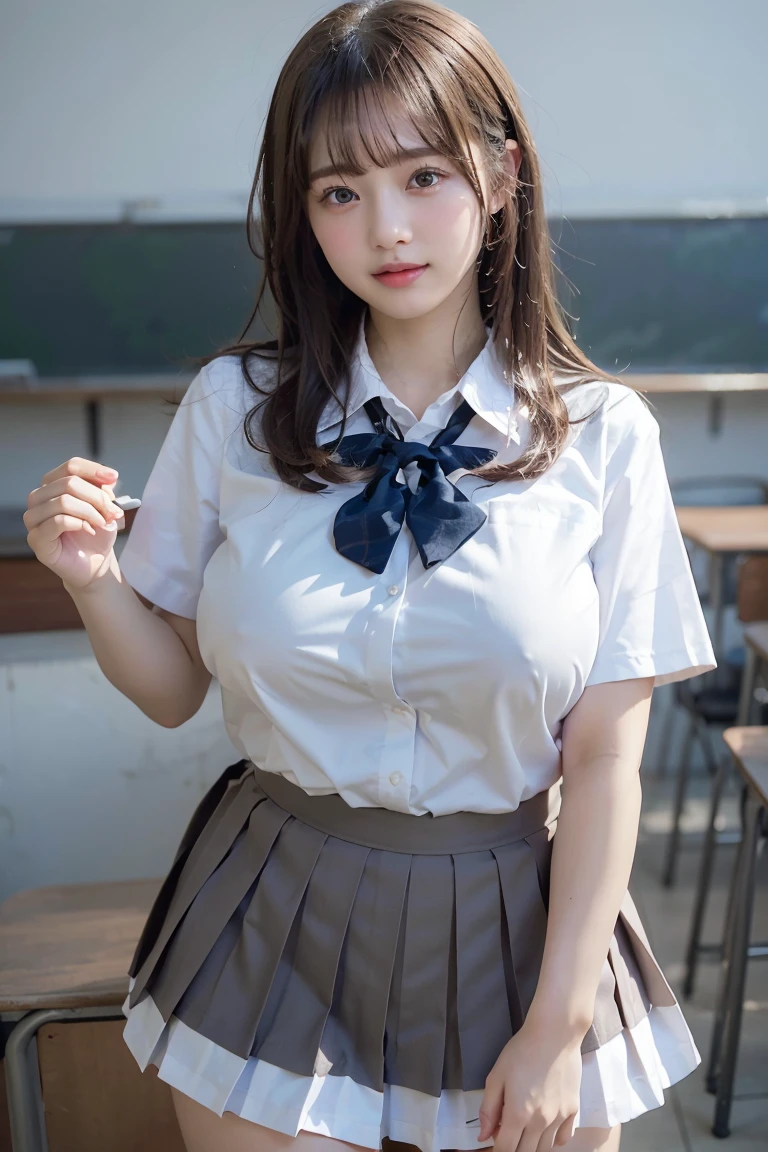 (Best quality,masterpiece,ultra detailed,8K,RAW photo,realistic,high resolution:1.2),(Pretty Japanese girl),(Super huge tits:1.4),(light brown hair),(school uniform,white shirt,pleated skirt:1.4),(voluptuous:1.4),(shoulder length),(light smile),(thick:1.4)