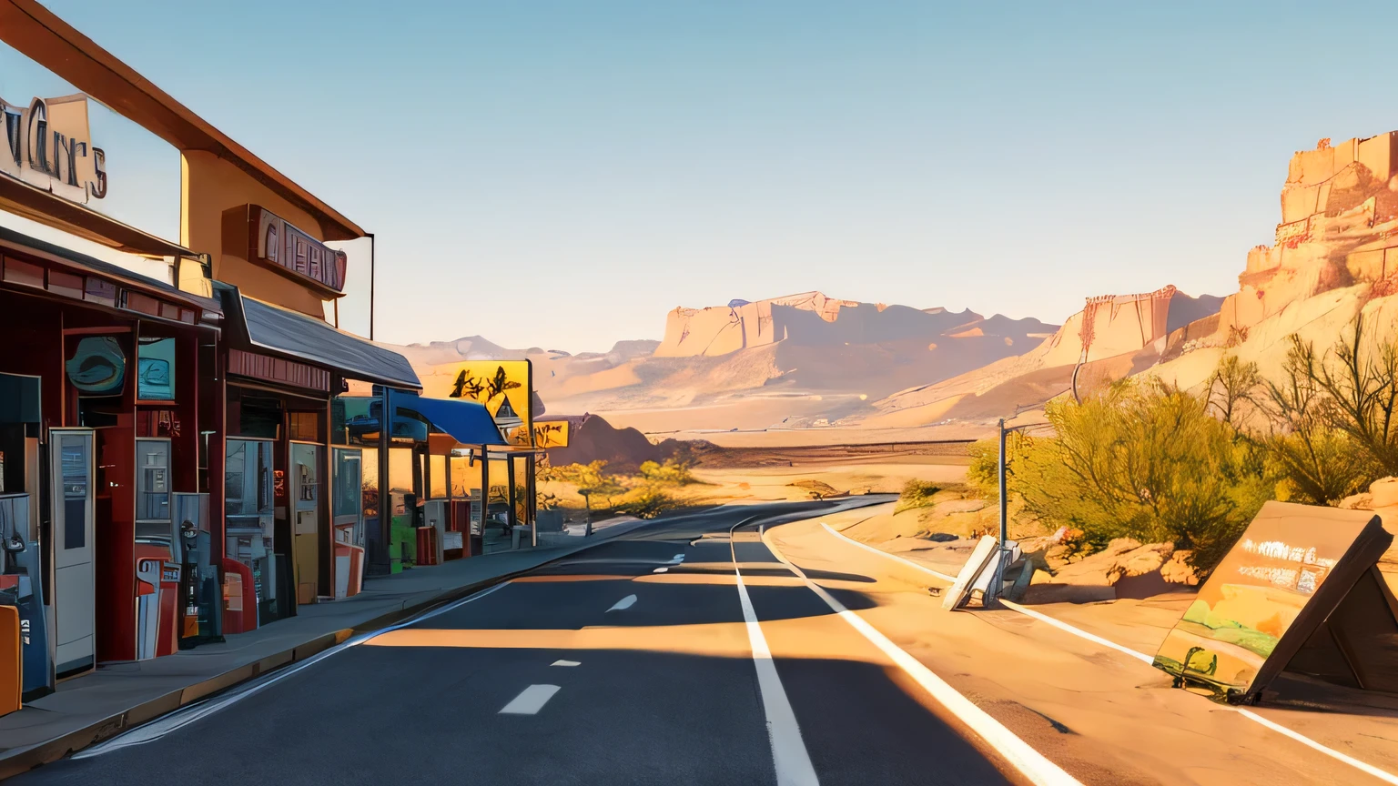 West Coast Drive、Route 66 signs、Historic gas station、Vast desert landscape、Old Motel、Straight highway