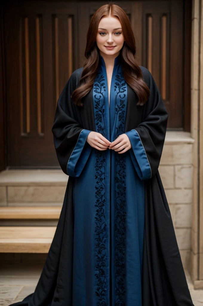 Beautiful brunette girl identical to Sophie Turner with a smile and dressed in a long black robe with blue embroidery 