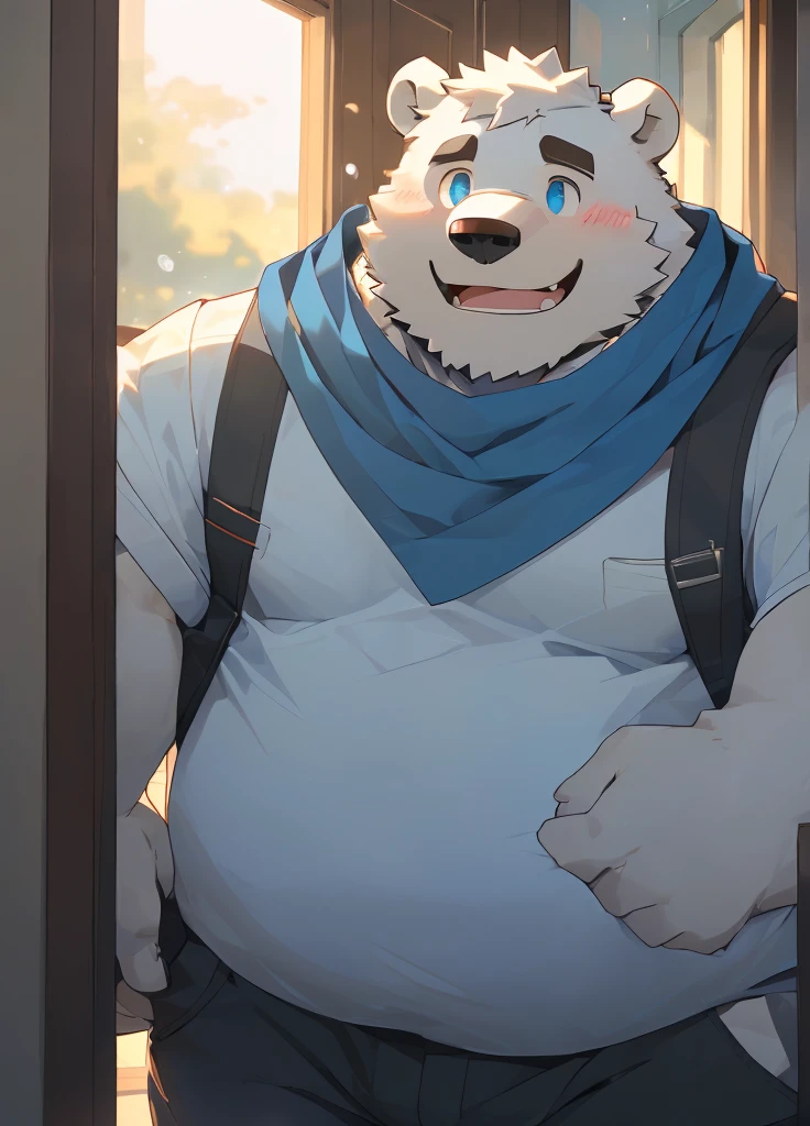 (masterpiece),(Very detailed),(best quality),hairy,Adult polar bear,White fur,Chubby body,Blue pupils,(In the hallway,Home),((Blue scarf)),(Wearing takeaway clothes),(There are raindrops on the body),(blush:1.1),(Silly Smile),((Cute expression)),(high quality),(Ultra HD),(Extremely detailed)