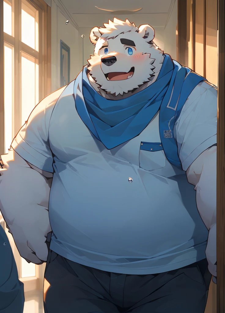 (masterpiece),(Very detailed),(best quality),hairy,Adult polar bear,White fur,Chubby body,Blue pupils,(In the hallway,Home),((Blue scarf)),(Wearing takeaway clothes),(There are raindrops on the body),(blush:1.1),(Silly Smile),((Cute expression)),(high quality),(Ultra HD),(Extremely detailed)
