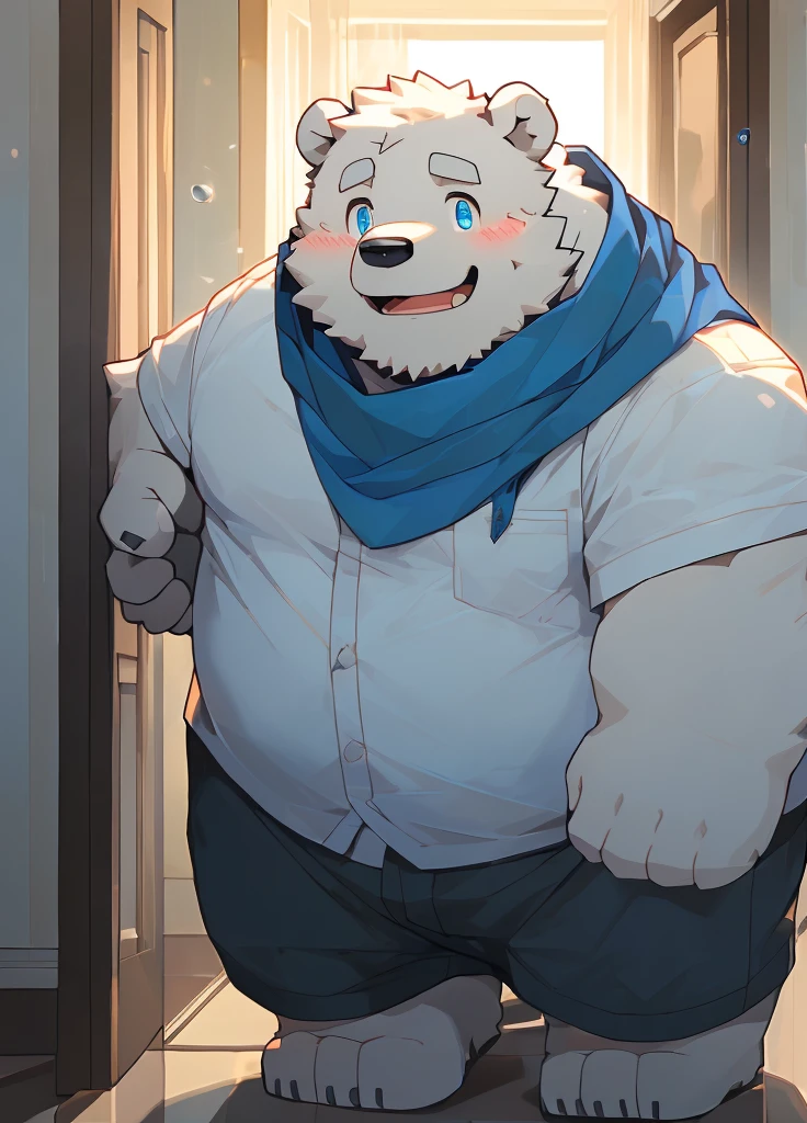 (masterpiece),(Very detailed),(best quality),hairy,Adult polar bear,White fur,Chubby body,Blue pupils,(In the hallway,Home),((Blue scarf)),(Wearing takeaway clothes),(There are raindrops on the body),(blush:1.1),(Silly Smile),((Cute expression)),(high quality),(Ultra HD),(Extremely detailed)