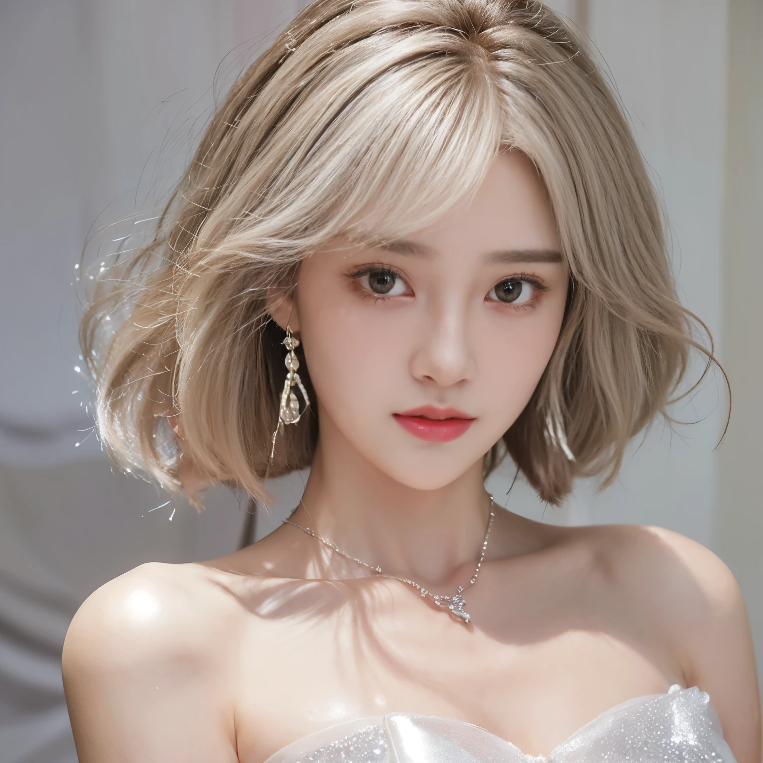 8K)、(Best image quality:1.5)、gray background、face close up、1girl、masterpiece、Delicate and sharp eyes、brown eyes、power of eyes、delicate face、cup、attractive face、platinum blonde hair、Half length wave、wedding dress、白いwedding dress、I can see your collarbone、female、collarbone emphasis、earring、necklace、