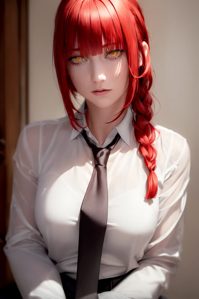 masterpiece, (photorealistic:1.4), best quality, beautiful lighting, , makima \(chainsaw man\), (red hair)+(long braided hair)+(bangs), yellow eyes, golden eyes, (ringed eyes), (white shirt), (necktie), RAW photo, 8k uhd, film grain