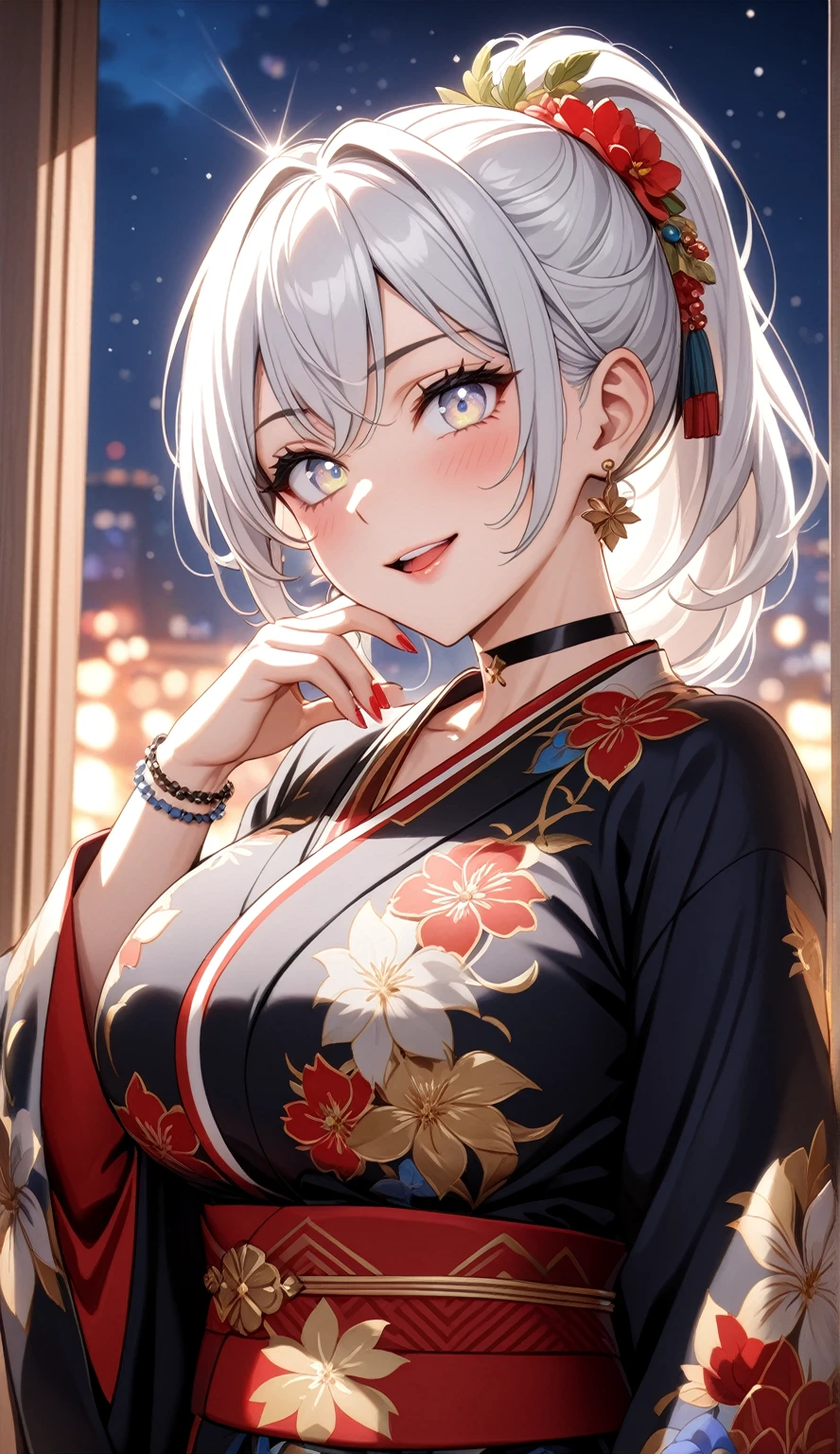 ((One personの女性)), Beautiful Face, ((looking outside:2.5)),Laughing embarrassedly,((Wink:1.8)),Laugh with your mouth wide open((Bright red cheeks:1.4)),Shiny red lips,night,rooftop,Festive decorations,You can see the ocean, firework,Laughing with your mouth open,Glossy pink lips,Lighting on the face,((Anime style background)),masterpiece, Highest quality, so beautiful,Latest, Complex details, (Pink long nails),(ring),(bracelet),(choker),AI-generated, Complex,High resolution, Highest quality, super high quality,3D Images、3D Images,One person,Long white hair,High Ponytail,(blue eyes),Anime woman posing for a photo, ((Fine grain、Silvery white colorful eyes、Shining Eyes:1.4)),(Squint your eyes:1.1),a hyperRealistic , hyperRealistic , Realistic,Anime woman with long and white hair, Smooth anime CG art, A woman in a colorful kimono with gold embroidery, (Black long sleeve kimono),Red floral pattern,Long flower hair ornament,Big earrings,Mature Body,(Big Breasts:1.1),Tall,Abdominal muscles,Narrow waist,(Zoom in on face:1.7),Shooting from below at an angle