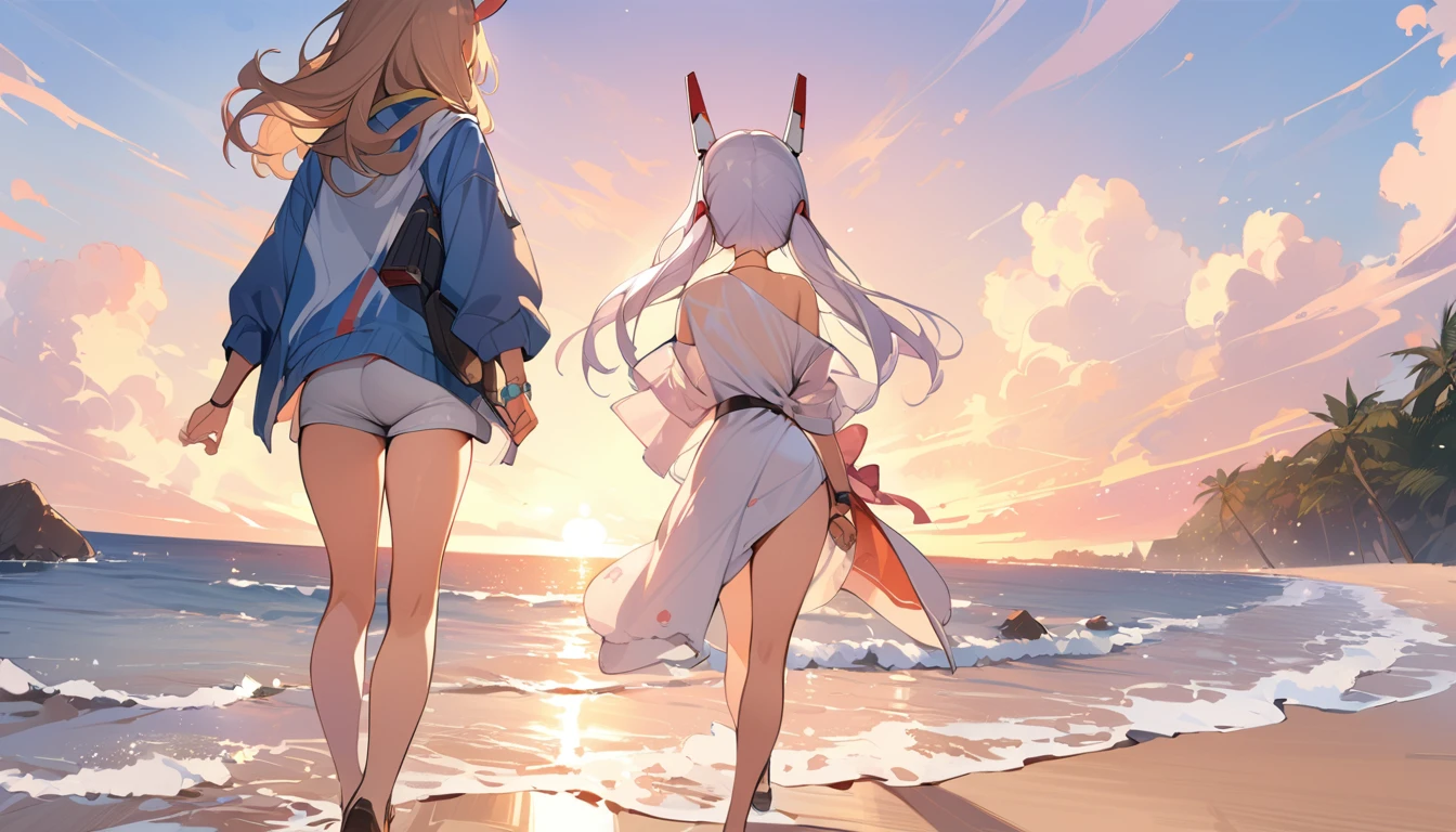 (masterpiece, best quality:1.4), high resolution, super fine illustration, 2girls, the right girl is ayanami /(Azur Lane/), break, the left girl is laffey /(Azur Lane/), walking, on beach, sunset