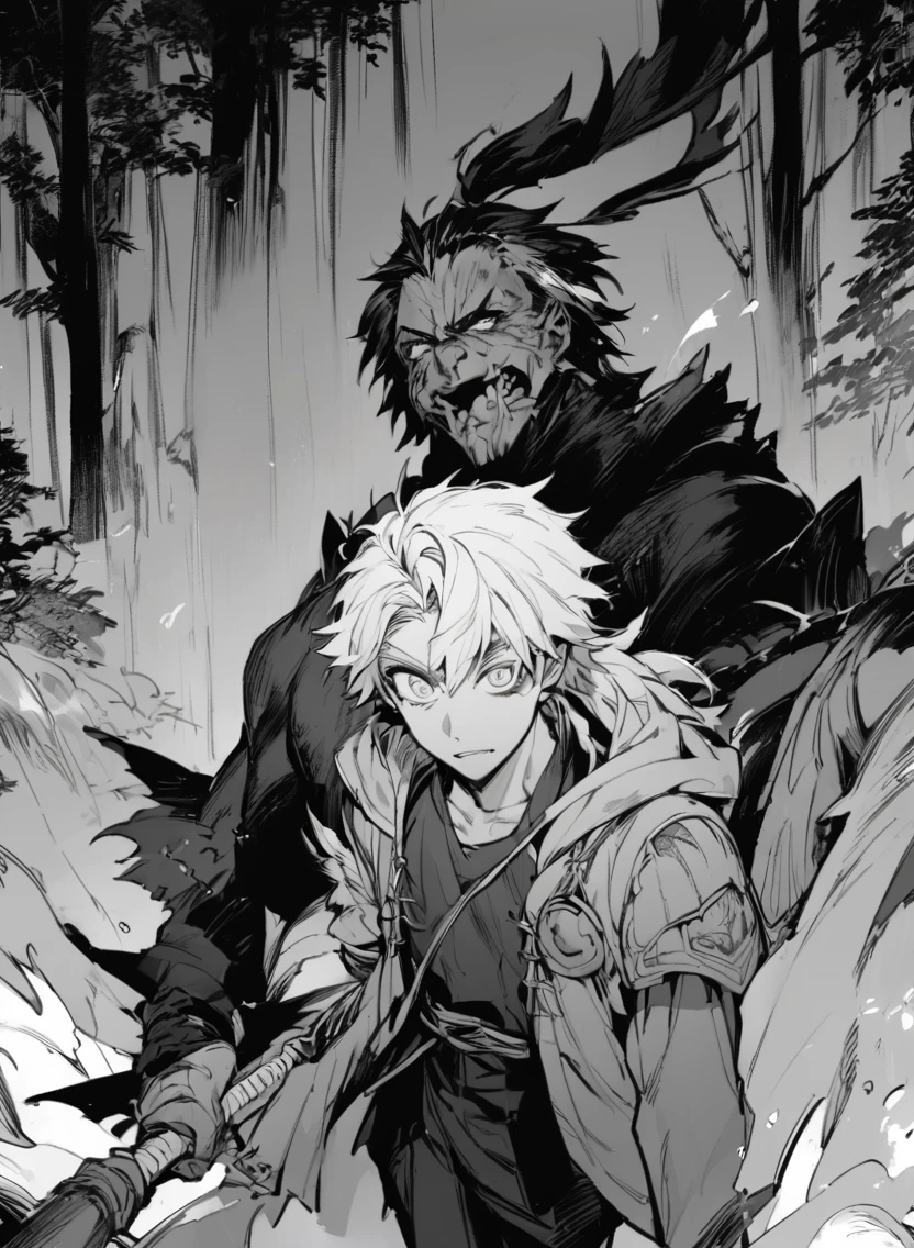 young man ,Male Dark, dark Woods, monochrome colors, odd eye, samurai dnd
