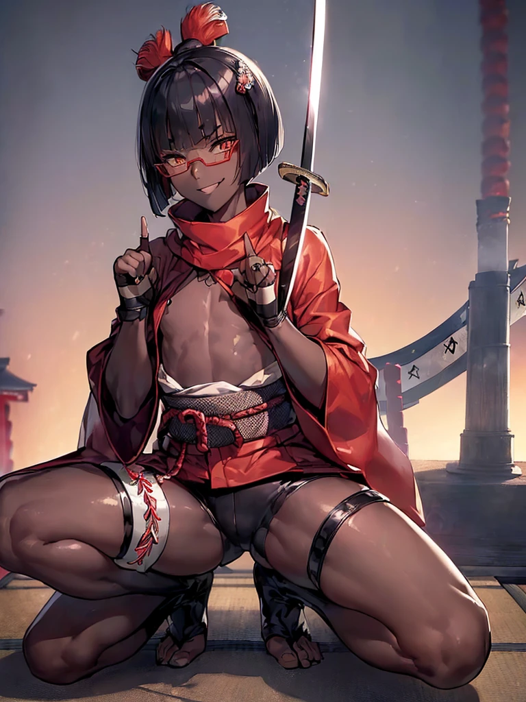 (flat chest), (masterpiece:1.2), highest quality, High resolution, unity 8k wallpaper, (fine and beautiful eyes:1.6), highly detailed face, perfect lighting, Detailed CG, (perfect hands, perfect anatomy), (1 boy solo:1.4), 20 years old, (black hair:1.3), extremely beautiful detailfeminine face and eyes, (evil smile:1.4), detailed eyes, best quality,(very dark skin:1.8), (turtleneck shirt under yukata:1.2), (bike shorts:1.2), extremely detailed, very precise detailed, (glasses:1.3), blunt bangs, open mouth, (very short pixie cut:1.2), boots,(fingerless gloves:1.2), smile, half closed eyes,long sidelocks,(long red Scarf),(yukata),(squatting),(acrobat pose:1.3),(squat:1.3),(one knee dwon:1.5),(put one foot in front:1.3) ,(index fingers up:1.7),(own hands clasped:1.7), spread legs,(arms up),(Japanese sword on the back:1.8),