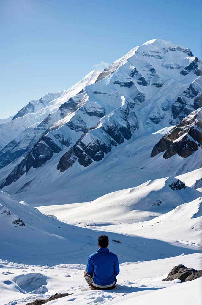 A person meditating at the bottom of bounded large snow mountains in Himalayas