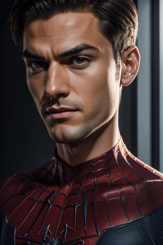 A photo of Spiderman, no mask, the 20s, good looking, detailed face, look into the camera, portrait, 8K  UHD, good quality