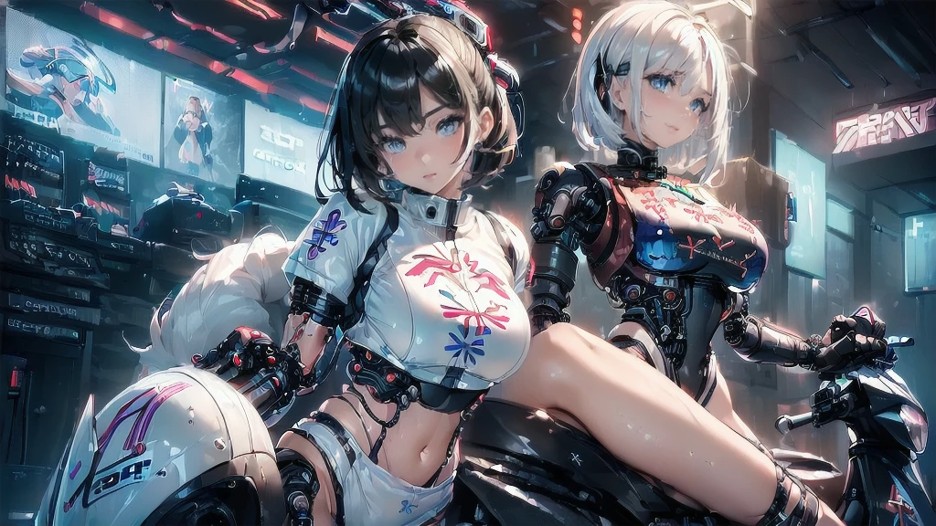 (masterpiece、Highest quality, wonderful, Very detailedティッカーユニティ、8k wallpaper, Written boundary depth, Ultra-fine Illustration:1.5)、。.。.3d, Very detailed,(1 Girl)、 (Whole Body Ezbian、Mecha Elf Girl:1.3), Cowboy Shot, Dutch Angle 、Sci-Fi Battlefield, Hawken, A shy smile, Open your mouth、Short Ponytail, (Yellow Hair、 Bright yellow eyes:1.2), Sparkling eyes, Embarrassingly cute face, cute, Big Breasts, Delicate hair, Messy Hair, (((The sky is blue and wide、White cloud、Shiny Hair, Shiny skin, (Symmetrical mechanical winetallic colored mechanical wings that are widely expanded to the left and right so that they protrude wonderfully from the screen, bite, Yellow Hair or名前nt), (Particles of light, Cinema Lighting: 1.3), (Pale pink lips: 0.8), yusuke murata.