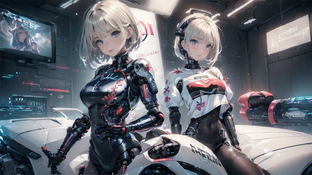 ((One Girl:1.5),(Embroidered cybernetic body:1.5),Large full-breasted mechanical chest armor:1.5)),(Best image quality, Great details, Ultra-high resolution, (realism: 1.4), Best illustrations, Favorite Details, One girl condenses,(before:1.5),(dynamic:1.5),(bold:1.5)),(Thin Hair:1.8),(Straight hair:1.5),(Long, slicked bangs:1.5),(Very light coppery amber hair),((Hair on one eye:1.2)),Riding on motorcycle,The background is a futuristic city high tech lighting scene, (short hair:1.3)