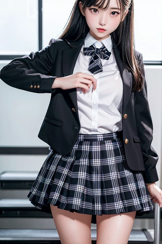 Top quality, high image, 1 woman, 18 years old, school stairs, black jacket, Medium breasts,white blouse,(plaid miniskirt), cotton panties,upskirt from below