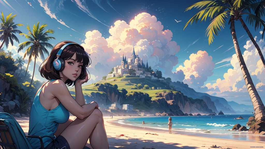 close up anime girl sits with headphones on his ears, on the beach, palm trees, rhads and lois van baarle, lois van baarle and rossdraws, artgerm and lois van baarle, beautiful digital artwork, beaching, extremely detailed artgerm, deviantart artstation cgscosiety, anime background art, amazing wallpaper, background art, hd wallpaper, relaxing concept art, beautiful wallpaper, high quality desktop wallpaper, background artwork, pc wallpaper, anime background, wallpaper hd, 8K image quality, Masterpiece