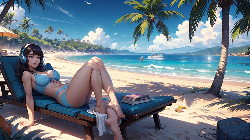 close up anime girl sits with headphones on his ears, on the beach, palm trees, rhads and lois van baarle, lois van baarle and rossdraws, artgerm and lois van baarle, beautiful digital artwork, beaching, extremely detailed artgerm, deviantart artstation cgscosiety, anime background art, amazing wallpaper, background art, hd wallpaper, relaxing concept art, beautiful wallpaper, high quality desktop wallpaper, background artwork, pc wallpaper, anime background, wallpaper hd, 8K image quality, Masterpiece