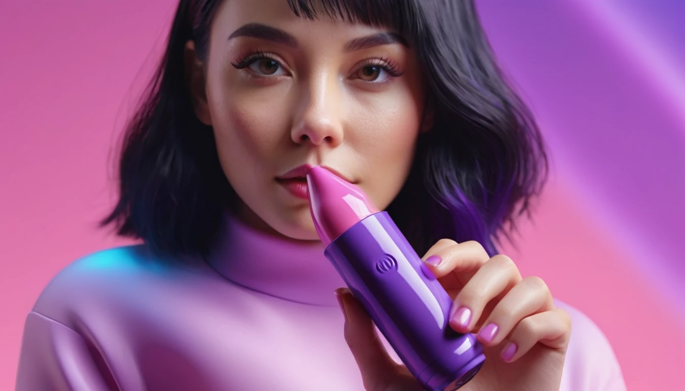 smartphone in her hand, blackhair female hands holding dildo to her face, that is glowing with pink and purple colours, dripping wet, closeup macro photo, minimalistic, in a light purple and pink style, with soft edges and blurred details, in the toycore style, with a 3D render, on a colorful background, with a minimalist stage design, in a surreal style, with a cinema4D rendering, with a minimalist style, with low saturation, using gradient colors, with a cinema4D rendering, with a blender rendering, with super detail, at a super high resolution, at a super high definition