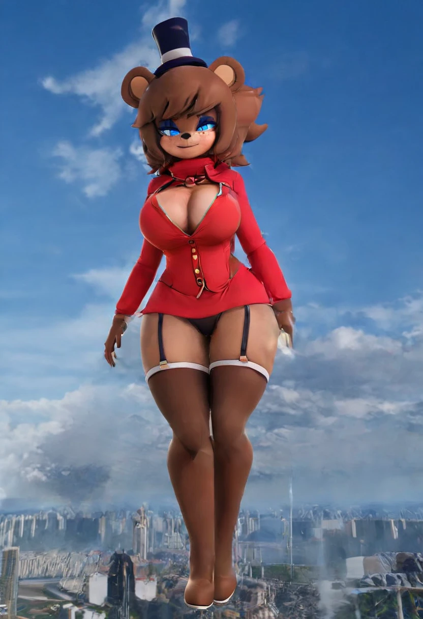 (best quality, masterpiece1.2), 1girl, solo, human, cally3d, (fredina), brown body, top hat, bear ears, stockings, woman, red hoodie, blue eyes, sexy, detailed, extreme detail, perfect lighting, 4k, hood down, Giantess, ultra big, ultra giantess, Bigger than the planet, planet earth, space, (layd down above the planet), perspective from space
