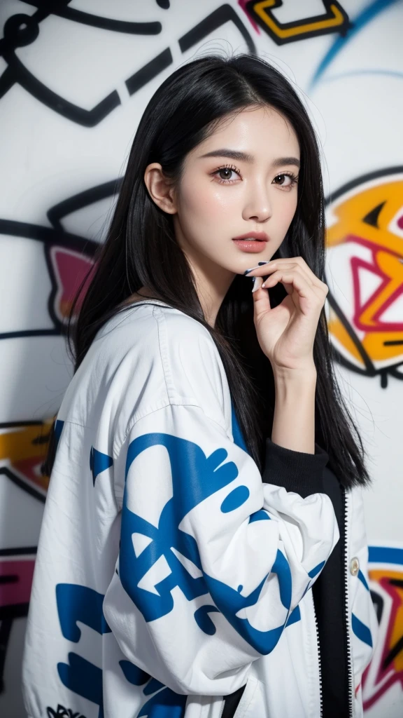 ,1girl, solo, pretty face, long black hairstyle ,eyelashes, nose, glossy lips, (detailed eyes, looking at viewer, fair skin, white skin: 1.5), smooth skin, intricate, graceful, highly detailed, majestic, digital photography, hyper realistic, Masterpiece, Best Quality, Best Quality, (graffiti:1.5), jacket, in the city , looking at viewer, head slanted, clothing color