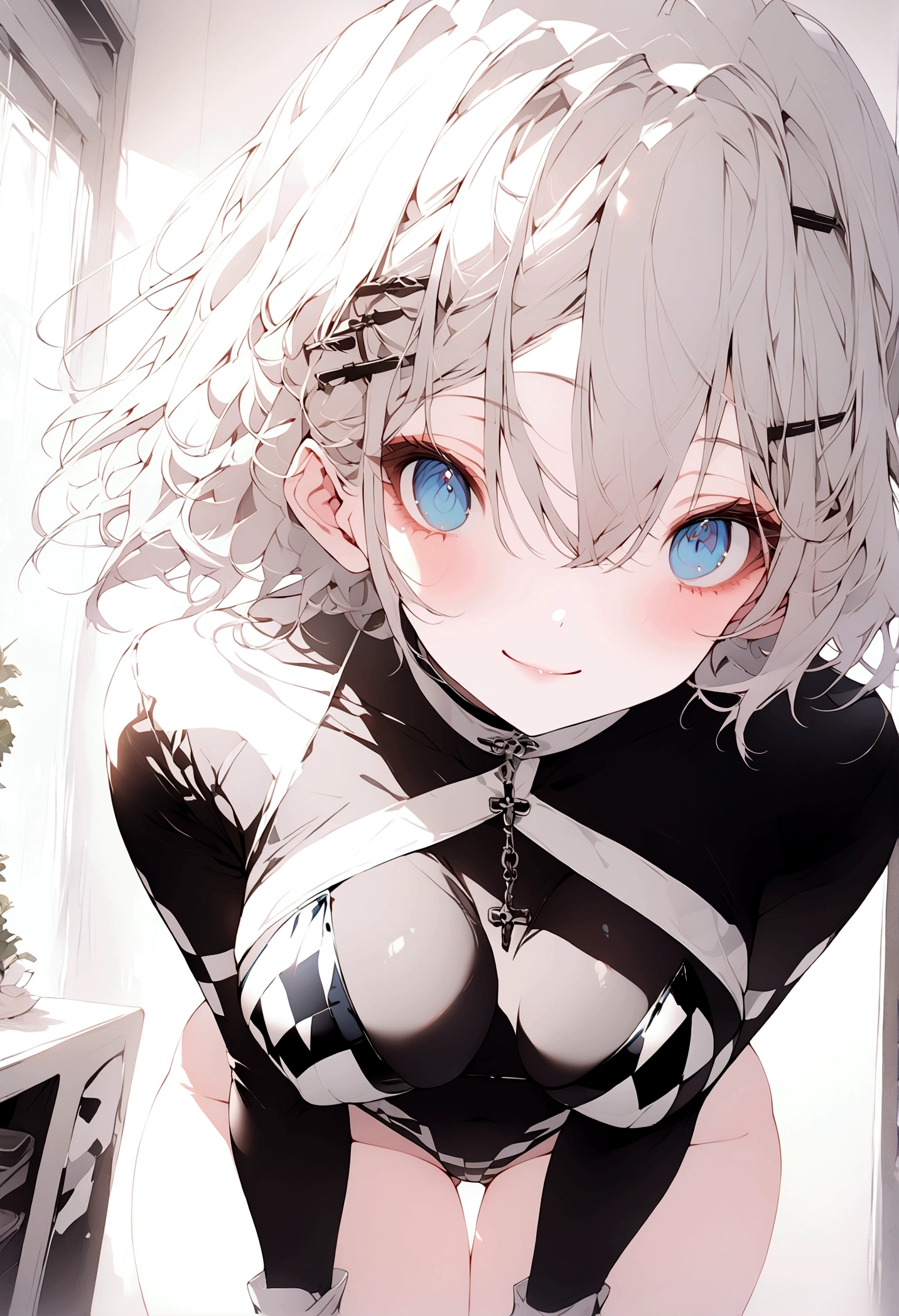 beautiful, masterpiece, Highest quality, anime, One girl, C Cup,Portrait Shot, View your viewers, Intricate details,>,((Covered、Short Hair、nearby、Blue Eyes、art、、White hair,Blue streaked hair、wallpaper、、hairpin、smile、Thighs、Race Queen、rq