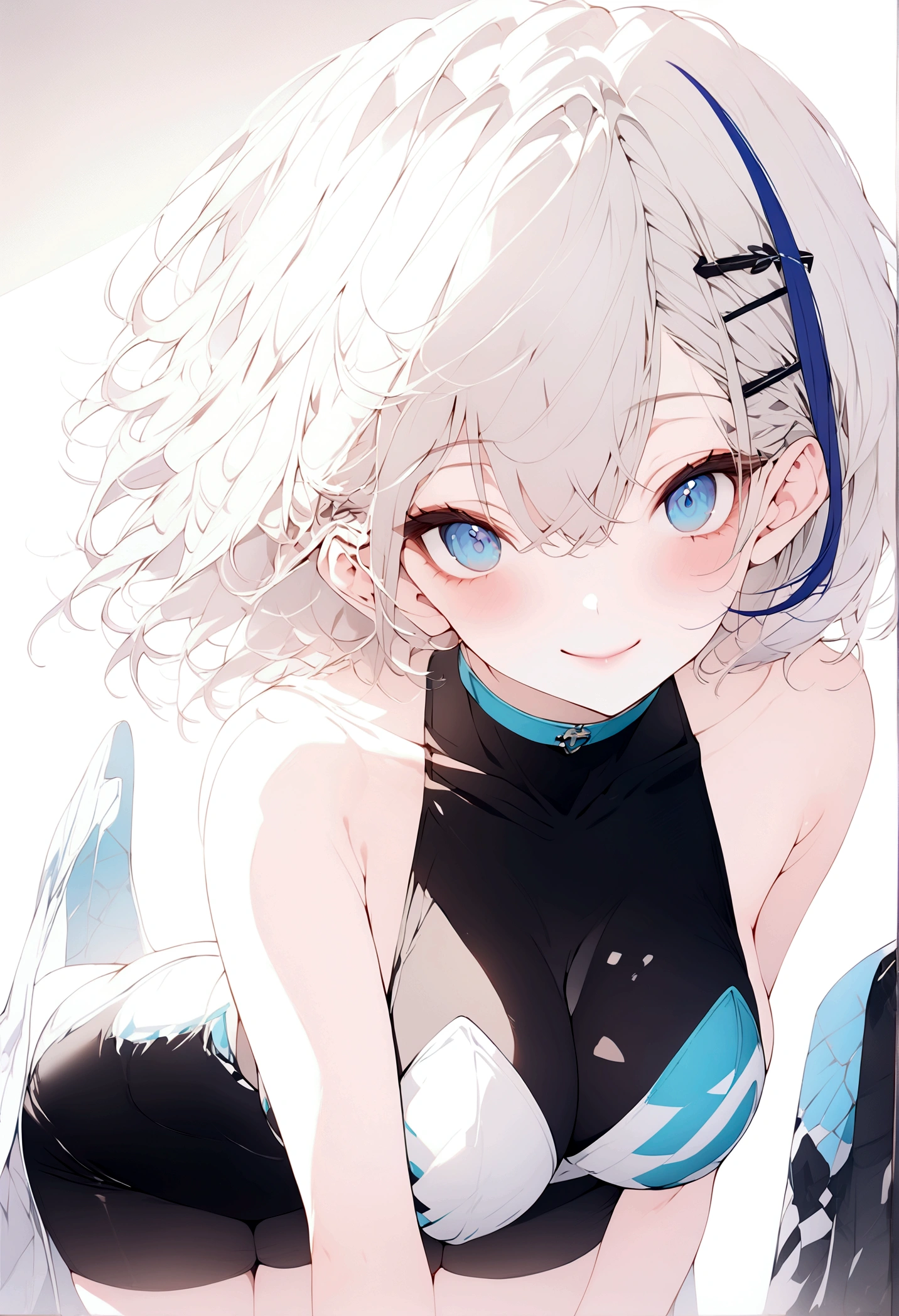 beautiful, masterpiece, Highest quality, anime, One girl, C Cup,Portrait Shot, View your viewers, Intricate details,>,((Covered、Short Hair、nearby、Blue Eyes、art、、White hair,Blue streaked hair、wallpaper、、hairpin、smile、Thighs、Race Queen、rq