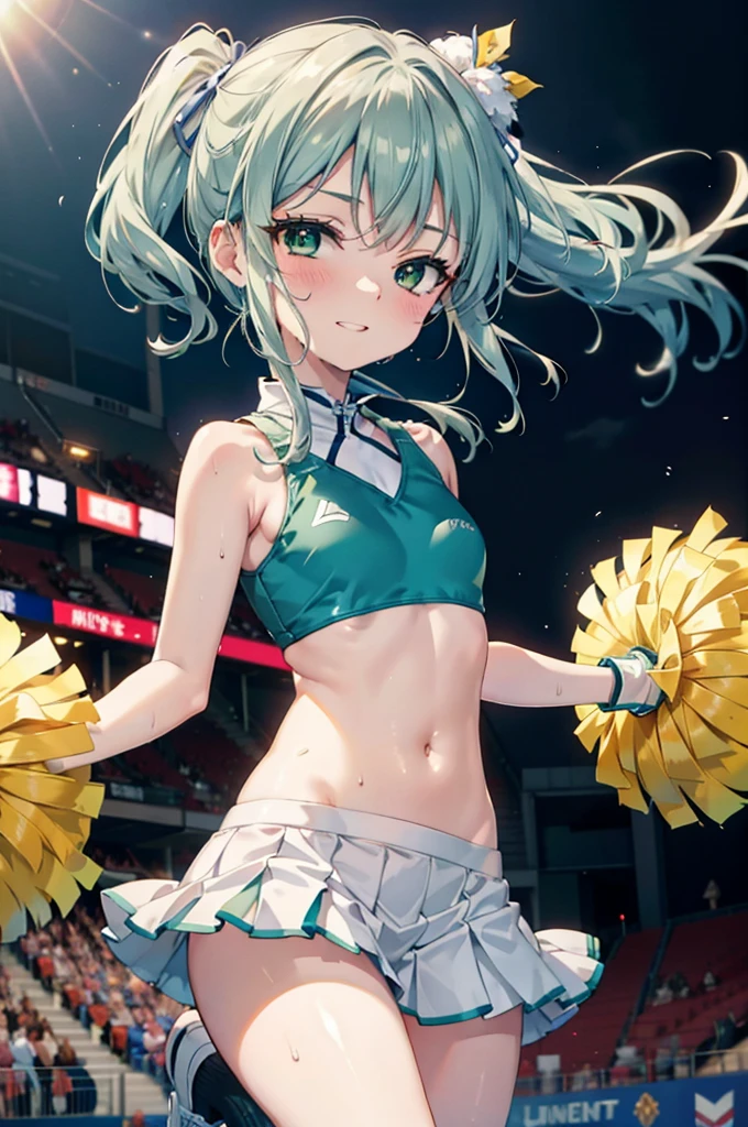 index, index,Silver Hair, (Green Eyes:1.5),Long Hair, (Flat Chest:1.2),Grin,teeth,Daytime,sunny,
,(cheer leading), (whole body), Lower, (Sweaty), Sweaty Wet Clothes, (White clothes),Sleeveless, Pleated skirt,Black socks,sneakers, Belly button support, playground, (Jump), (Jump), 足を曲げてJumpする, air, blue sky, Grass原, smile,Cheerleader, Pom-pom \(cheer leading\)have, Grass, smile, whole bodyがイラストに入るように,
break looking at viewer, whole body,(Cowboy Shot:1. 5) ,
break indoors, Stadium,crowd, people々々々,A packed audience,
break (masterpiece:1.2), Highest quality, High resolution, unity 8k wallpaper, (shape:0.8), (Beautiful and beautiful eyes:1.6), Highly detailed face, Perfect lighting, Extremely detailed CG, (Perfect hands, Perfect Anatomy),