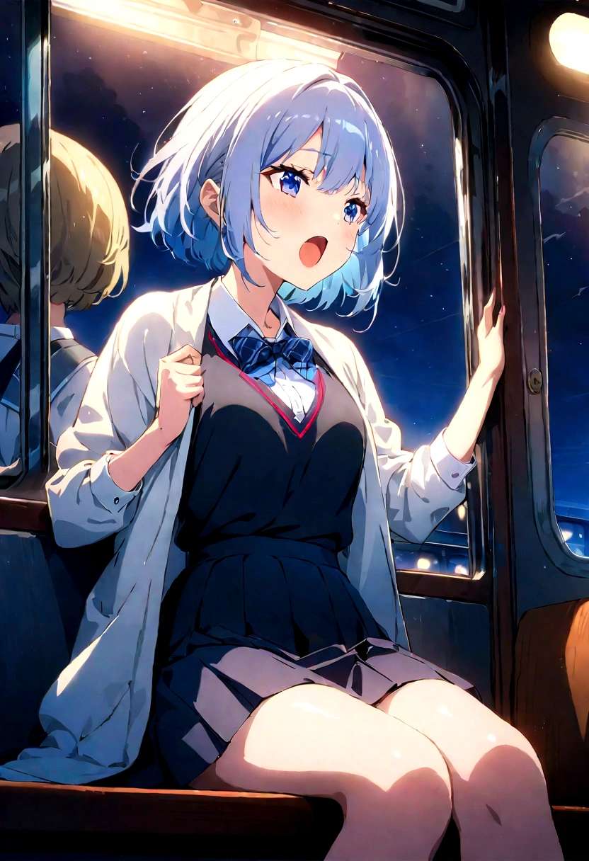 score_9, score_8_up, score_7_up, source_anime, best quality, masterpiece,ultra-detailed,official art, absurdres, highres, waifu2x, break,1girl, school girl, short hair,  beautiful detailed eyes, sit, open mouth, (yawn:0.3), sleepily,night, train, break,(clear line illustration:1.2),very high resolution, very aesthetic, super detailed skin, Best sexual lighting powered by famous artist, 8k,ero picture,beauty illustration,photoshop_(medium),,(Detailed Lighting),
