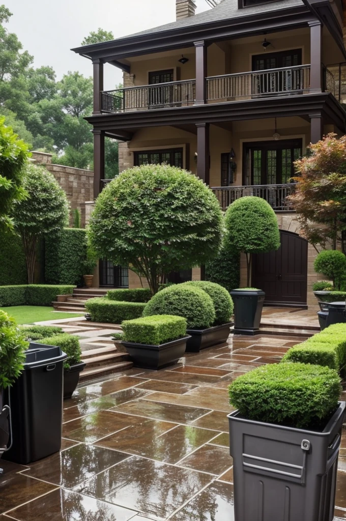 Luxurious mansion backyard with scattered trash cans while rain pouring above heavily. HD quality.