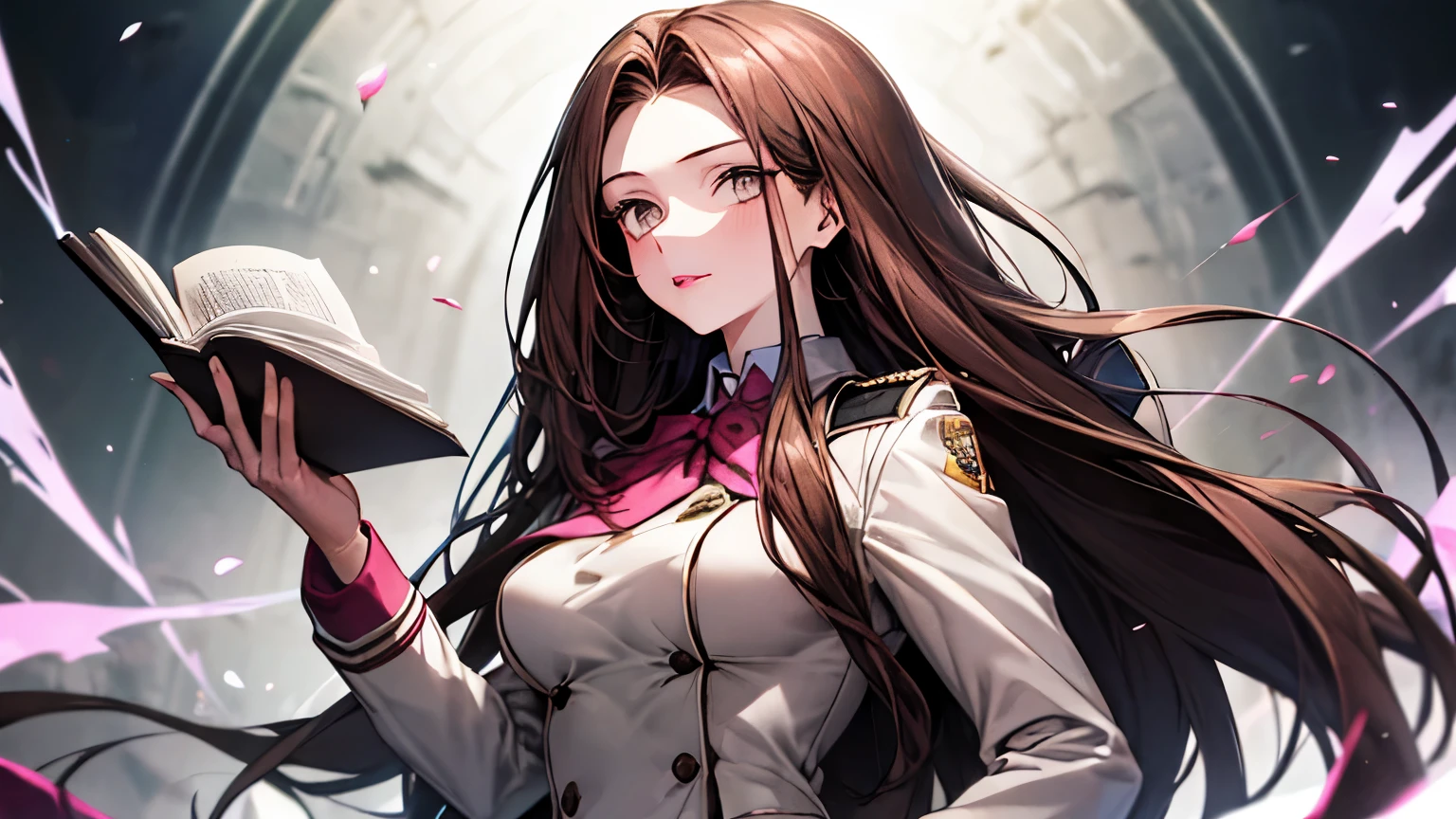 girl, Long brown hair, Grey Eyes, Sharp features, White skin, Pink Lip, uniform ,Holding a book